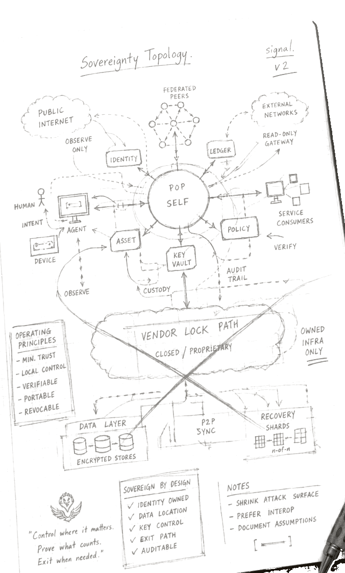Graphit-Souveränitäts-Topologie: Kontrolle, Vertrauensgrenzen und Exit-Beziehungen.