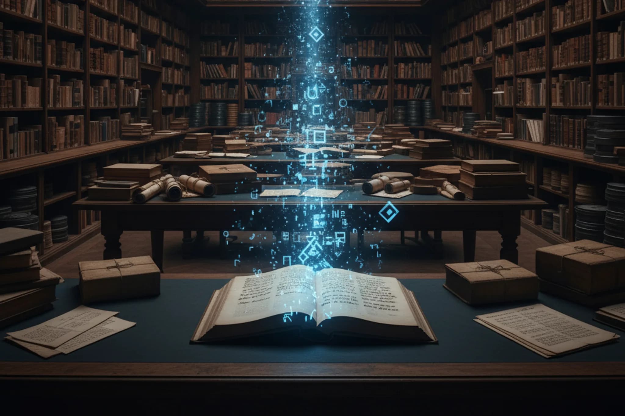 Vast dark European archive with ageing books and film reels; an open volume in the foreground under a precise cold scanning beam as printed text dissolves into abstract data
