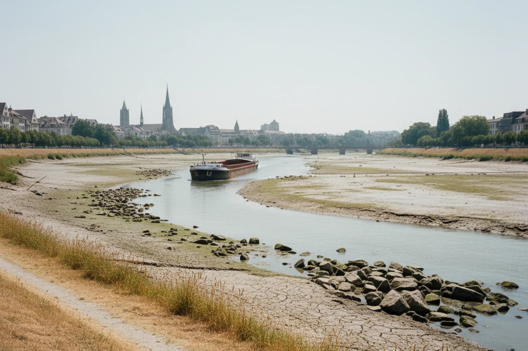 Low Rhine at Basel in a dry summer: exposed riverbank stones, a partially loaded cargo barge in the shallow channel, heat-stressed brown grass, and the city faint in hazy distance.