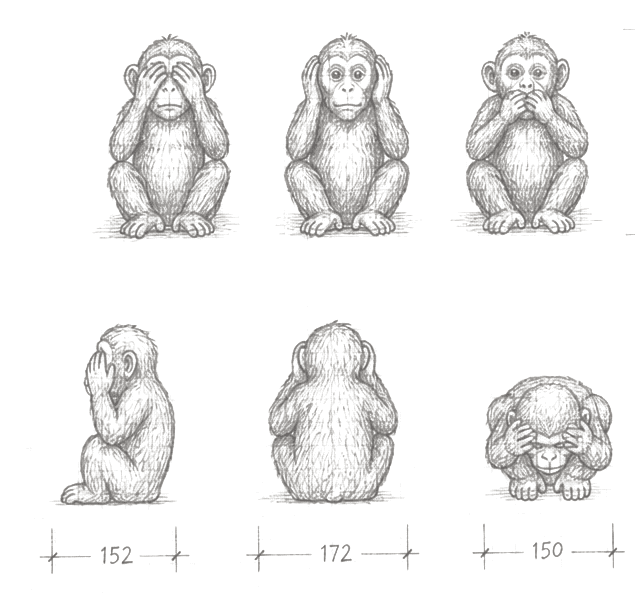 Graphite study of the three wise monkeys — see, hear, and speak no evil — as quiet observers.