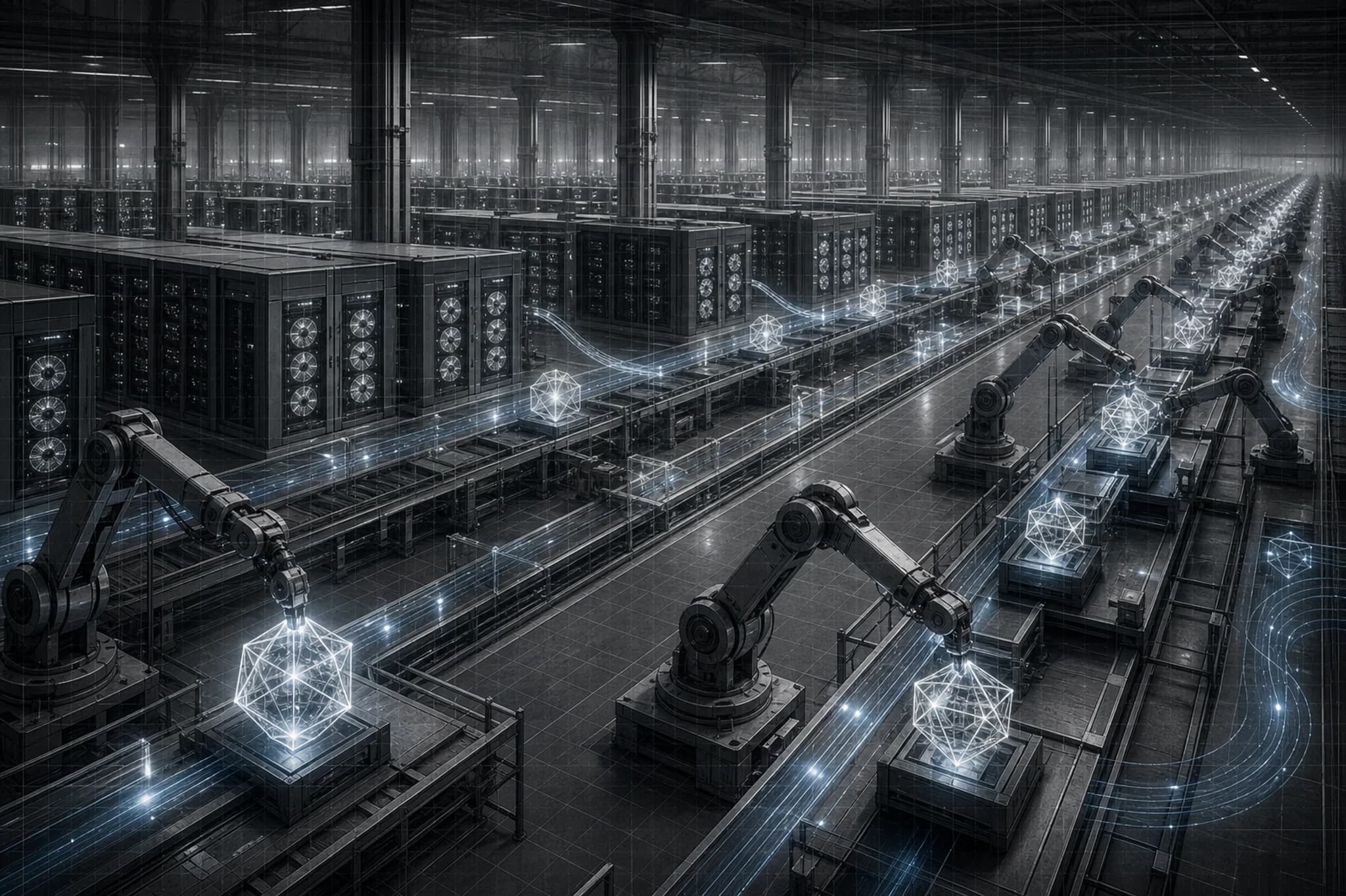 Blueprint-style industrial hall of GPU server racks with robotic arms assembling abstract geometric forms of light