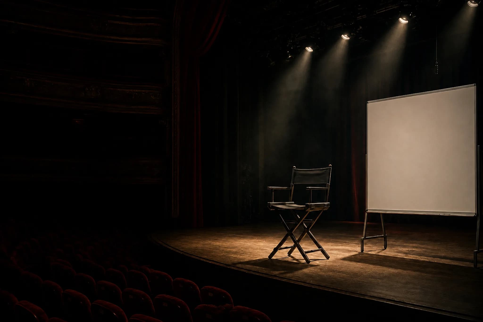Empty theatre stage with a director’s chair and a blank whiteboard under spotlights