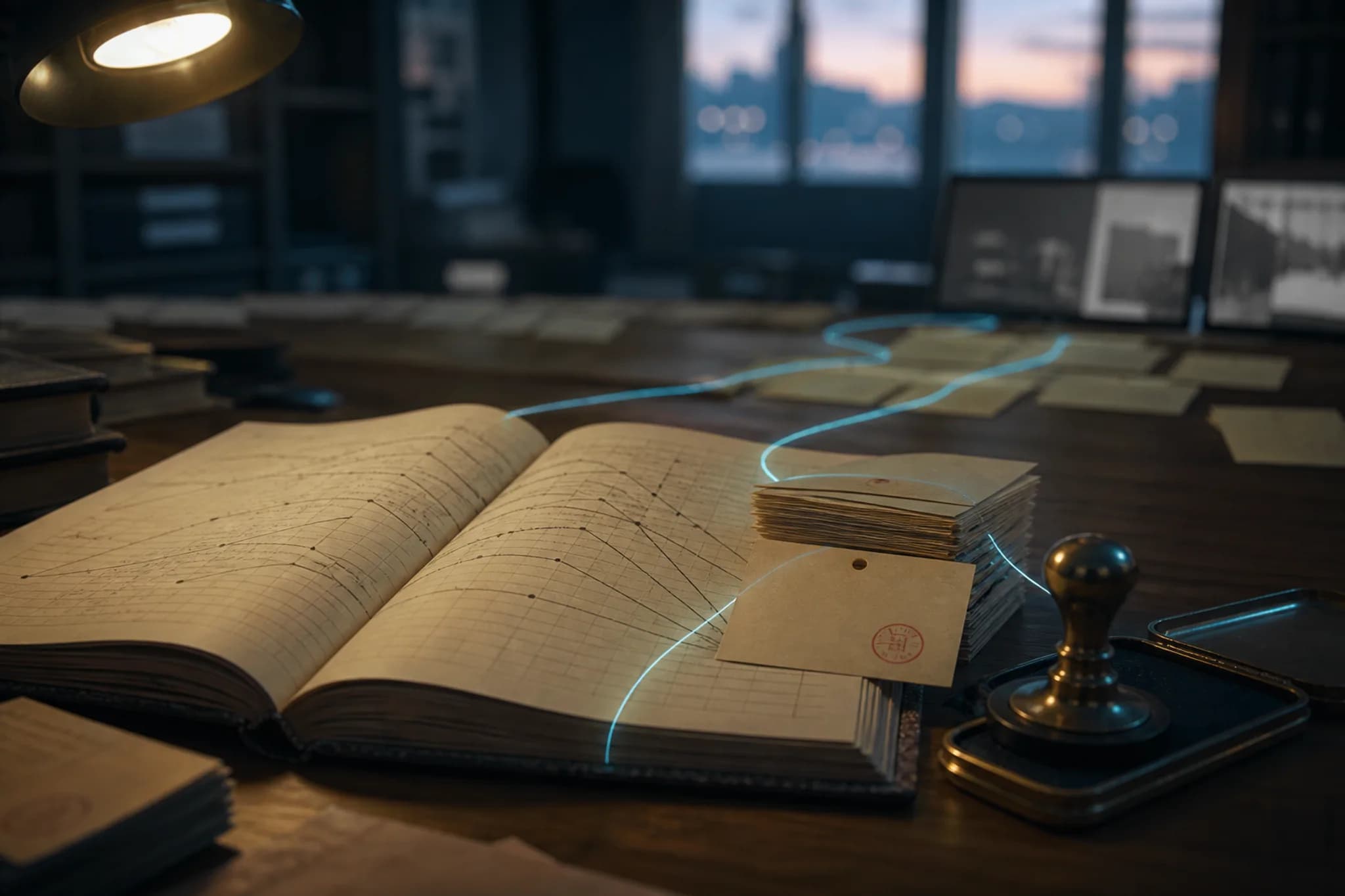 Provenance workshop desk with an open ledger, stamped index cards, and a cyan thread tracing lineage from original card through copies toward blurred screens