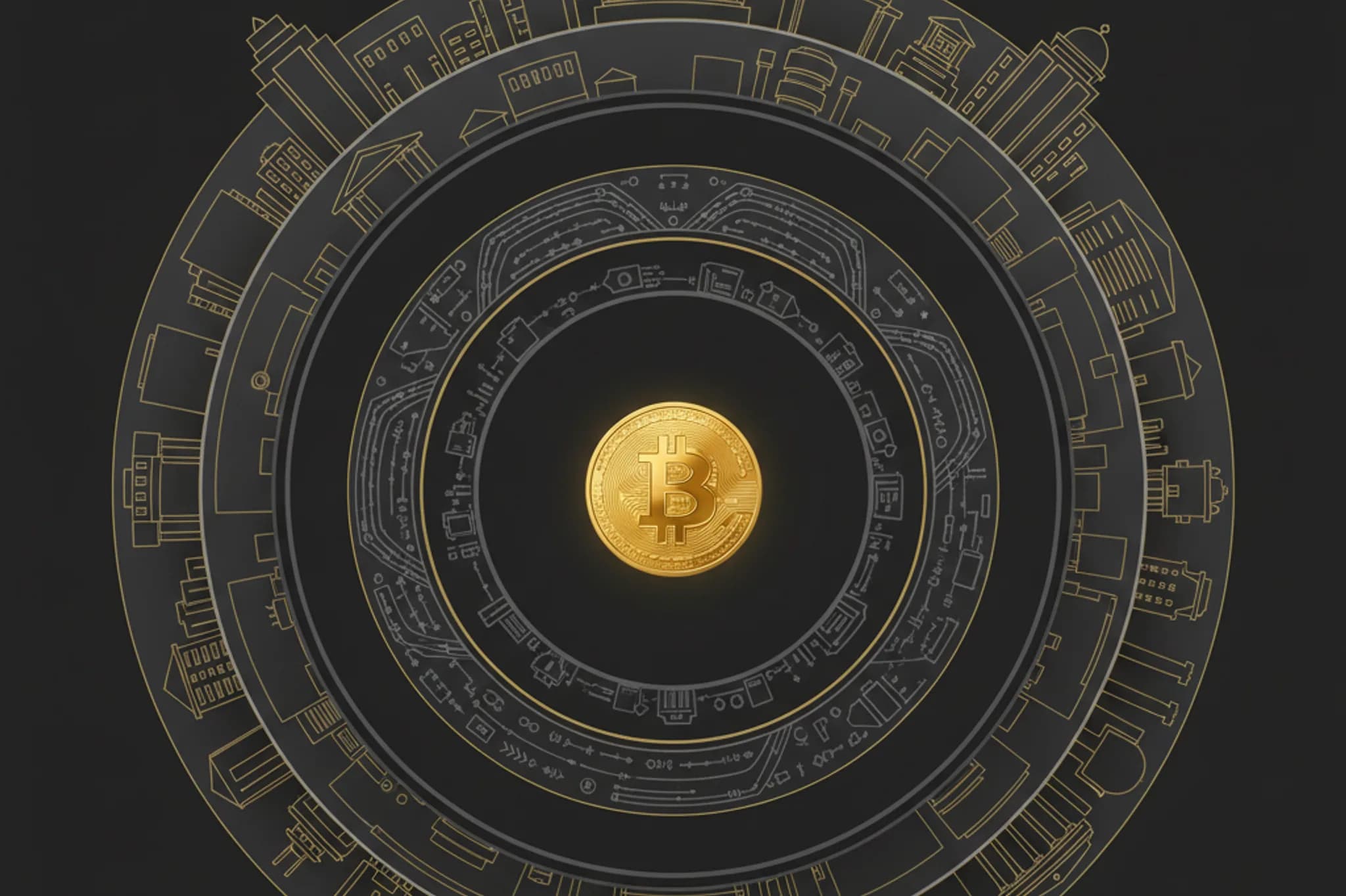 Pristine gold Bitcoin at the center of five concentric transparent rings that grow thicker and heavier outward, from protocol nodes to institutions, on a dark graphite museum-exhibit background