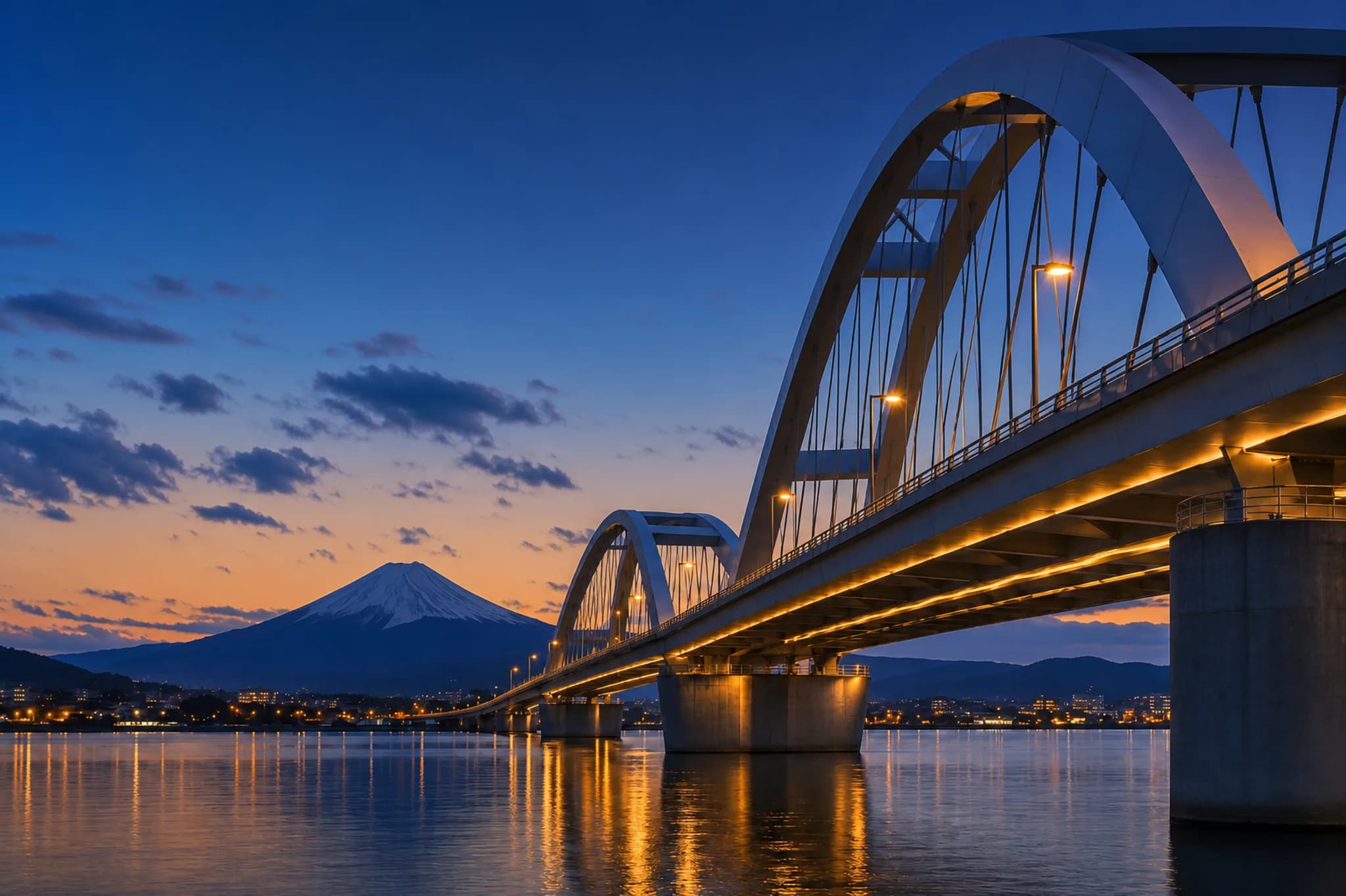 Illuminated arched bridge at dusk with Mount Fuji beyond