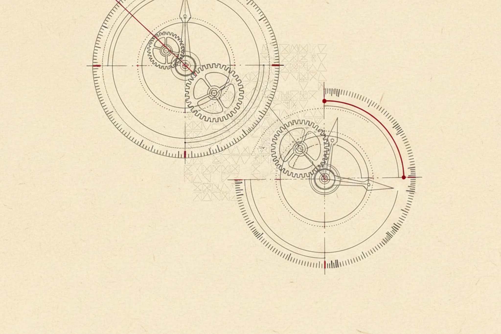 Quiet archival composition of two overlapping mechanical clock mechanisms at different phases on tactile paper, with graphite geometry and restrained signal-red accents suggesting a statistical pattern becoming visible
