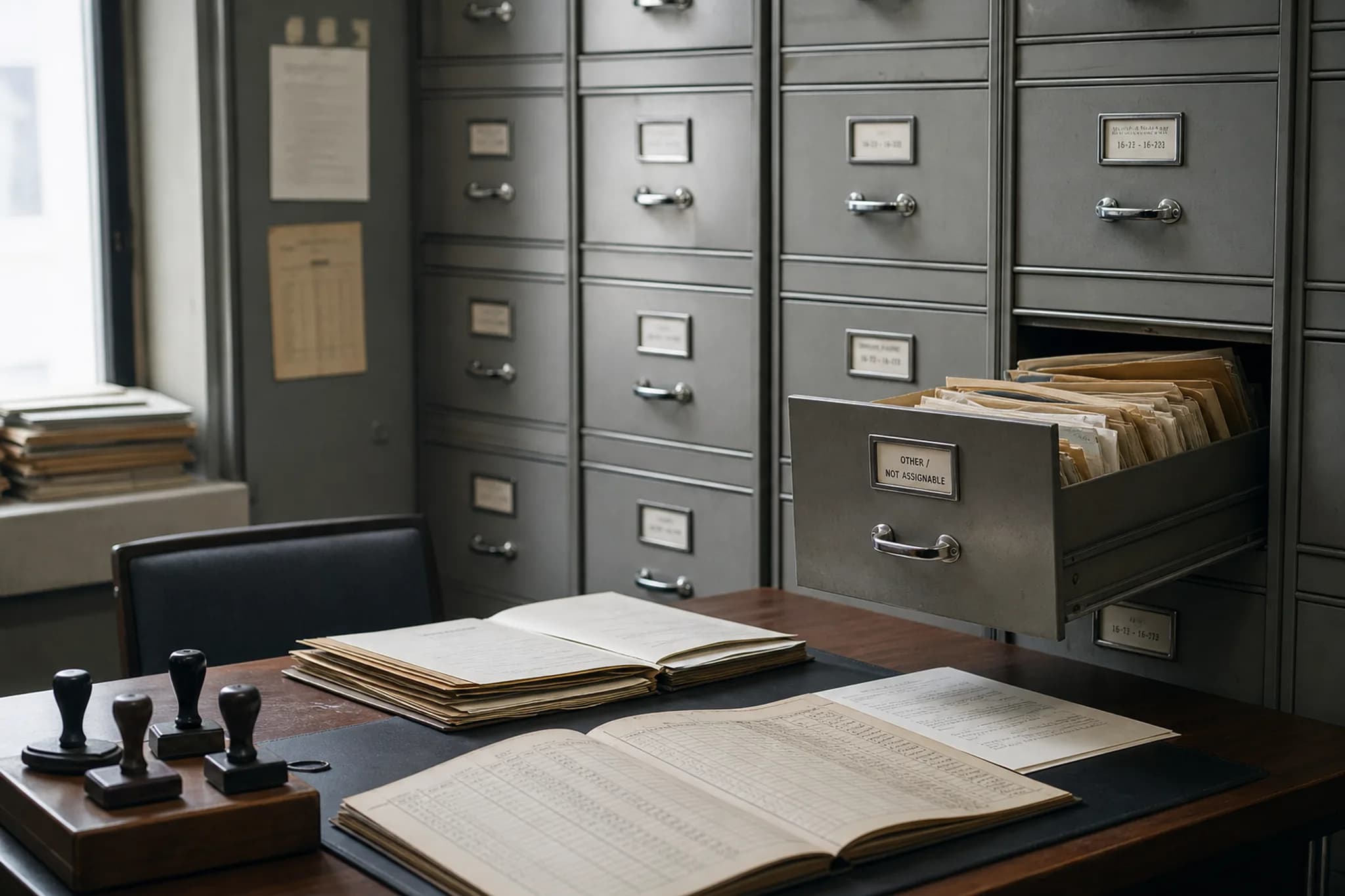 Quiet statistical records office with classification stamps and an open case file on a desk, and metal archive drawers behind with one residual drawer ajar