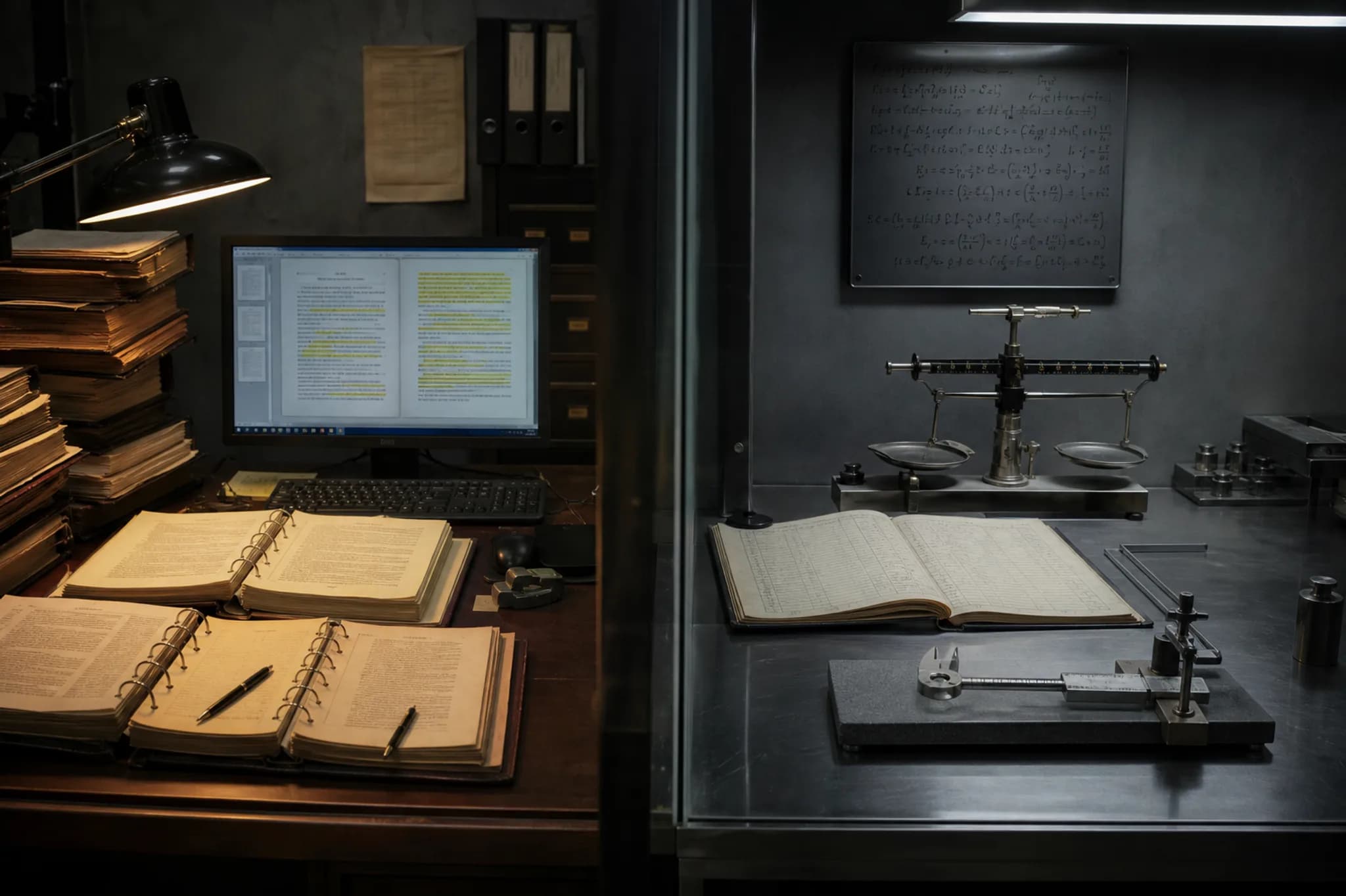 Abstract editorial split scene: warm research desk with binders and highlighted source passages flowing into a cool deterministic rules bench with balance scale, ledger and inspectable formula board