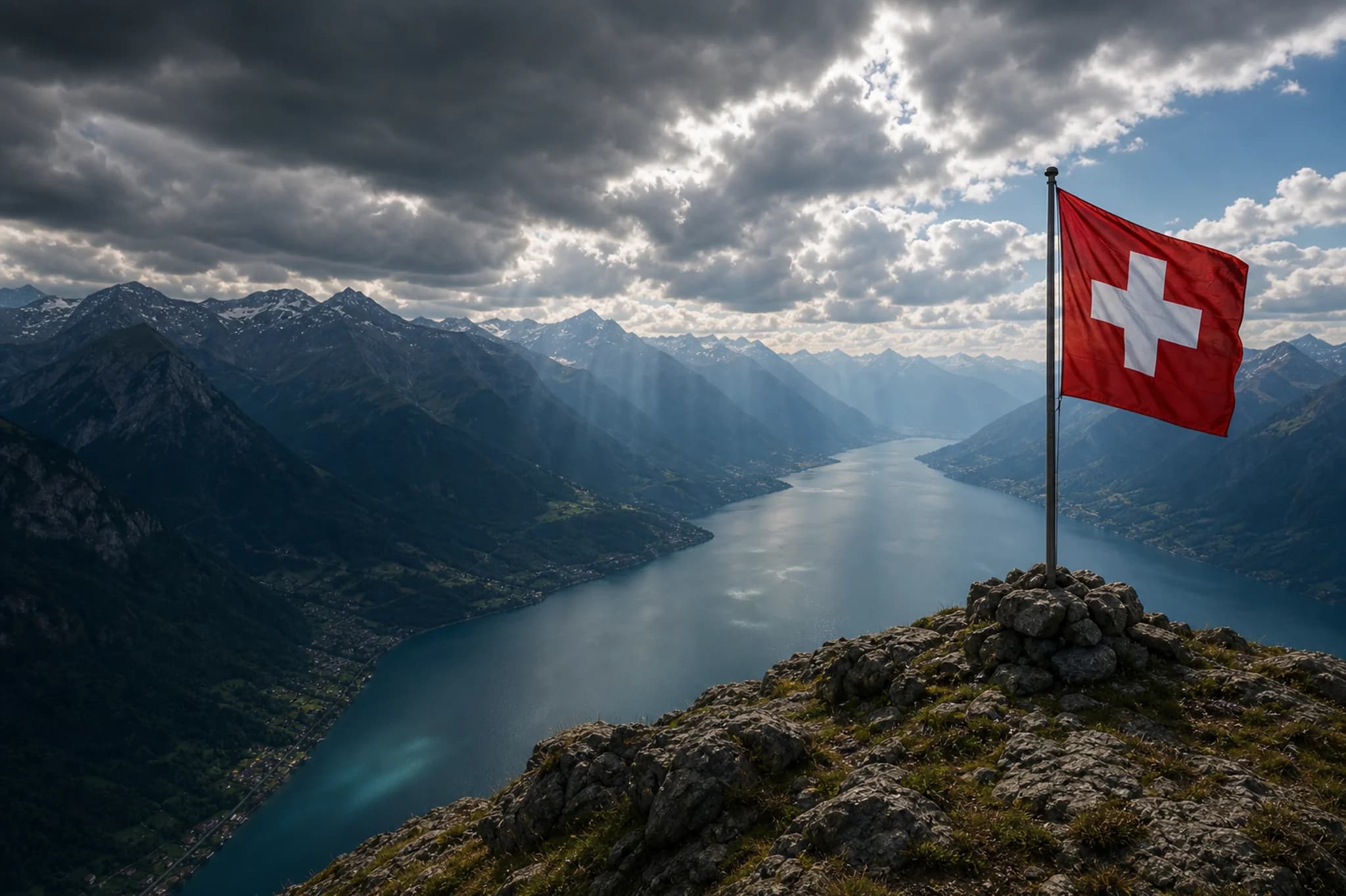 Swiss alpine lake and mountains with a Swiss flag on a rocky foreground peak