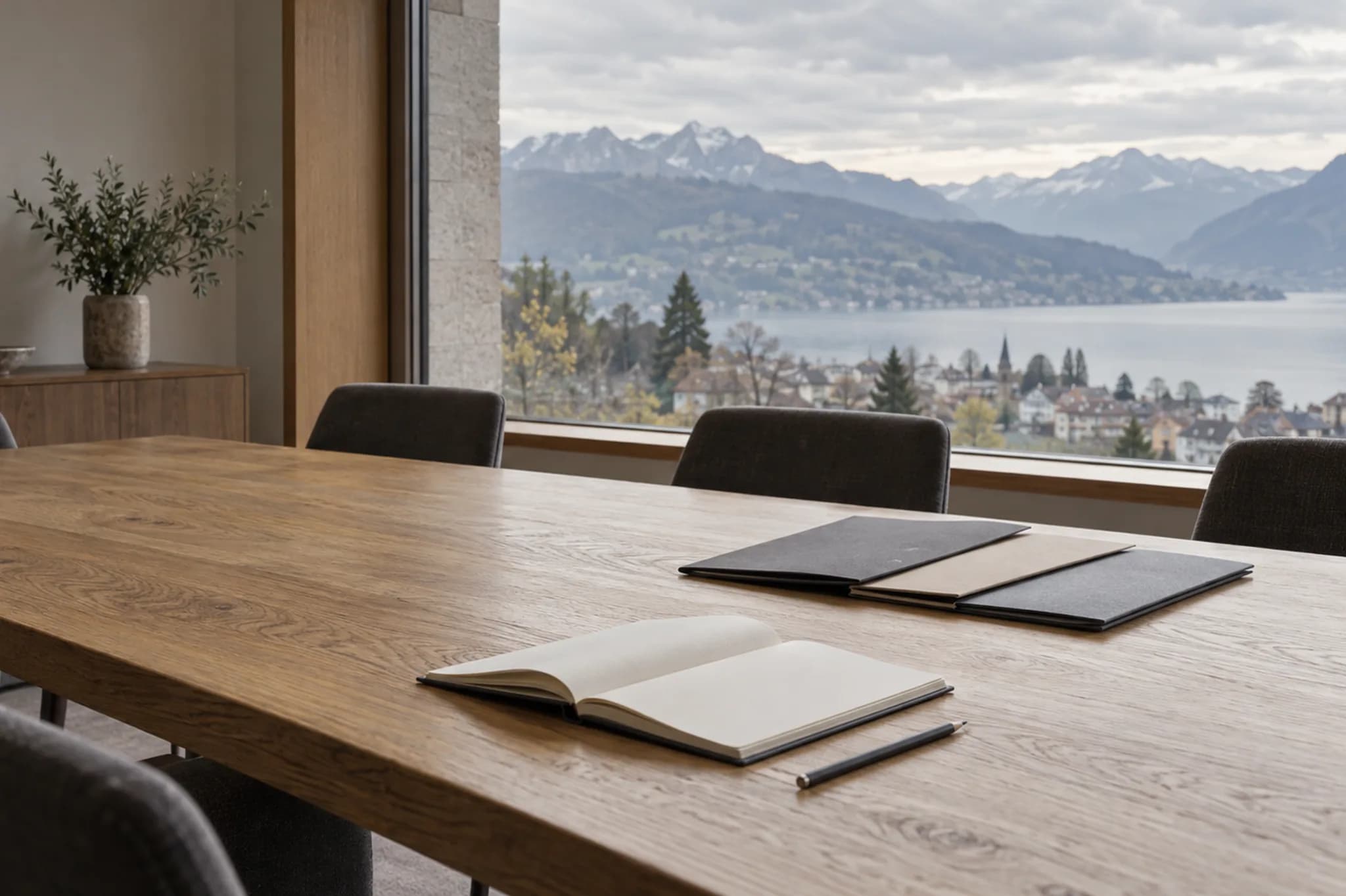 An empty boardroom overlooking Swiss foothills. / Leerer Sitzungsraum mit Blick auf Schweizer Voralpen. / Salle de réunion vide face aux Préalpes suisses.