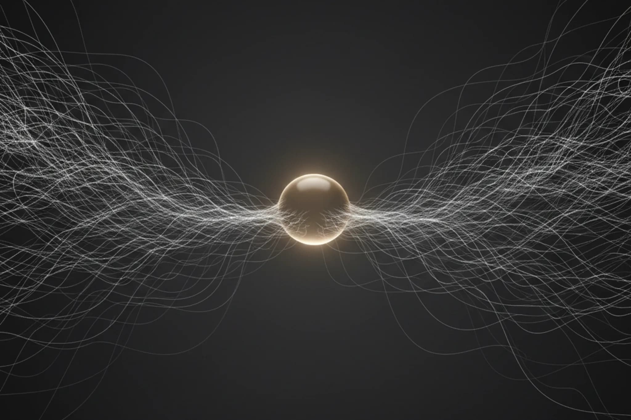 Dark field of thin luminous white network lines converging toward a smooth glowing sphere at the center, connections fading near the core, muted monochrome with subtle warm gold highlights