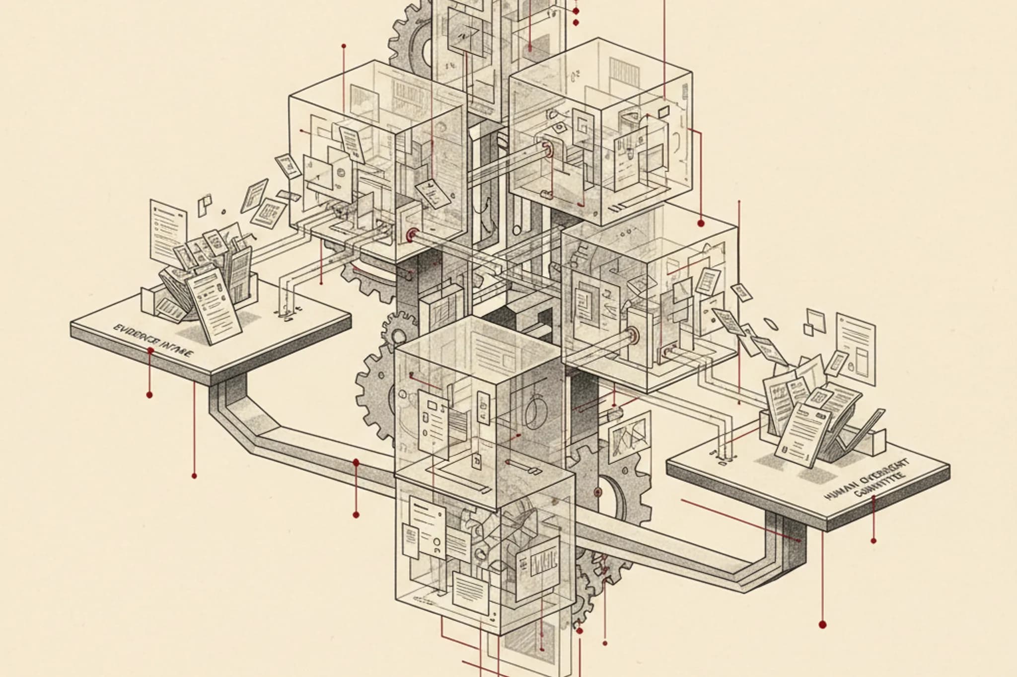 Abstract editorial architecture of interconnected graphite chambers with transparent pathways, evidence fragments and subtle balance-scale geometry on warm paper, with restrained signal-red accents