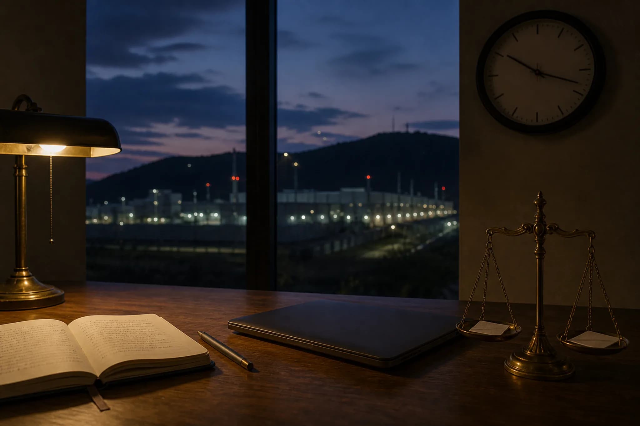 Human judgement desk at dusk: open notebook and pencil beside a dark closed laptop, a brass balance scale, and a wall clock, with distant data-centre lights beyond a tall window