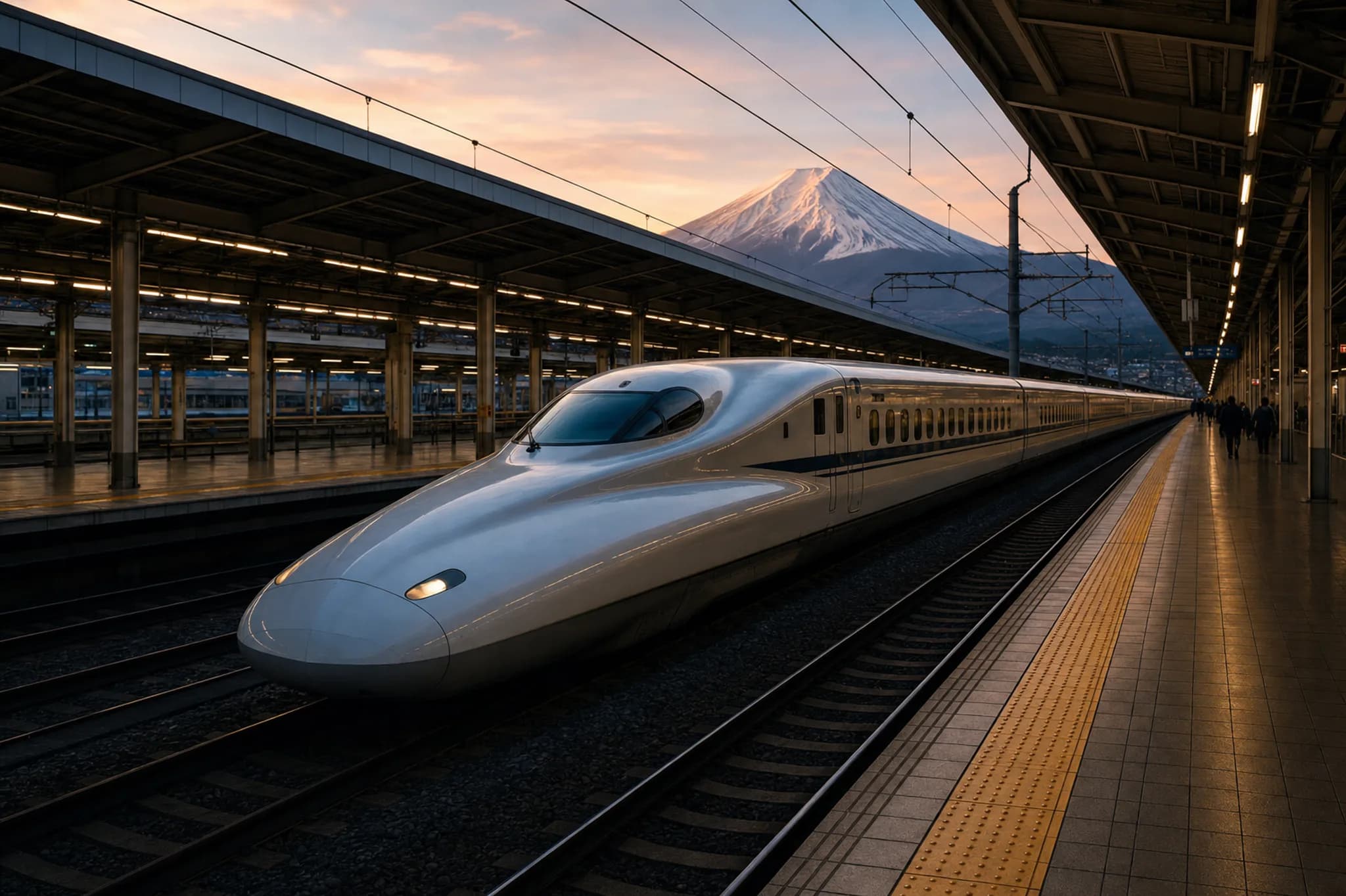 Shinkansen at a platform at dusk with Mount Fuji in the distance