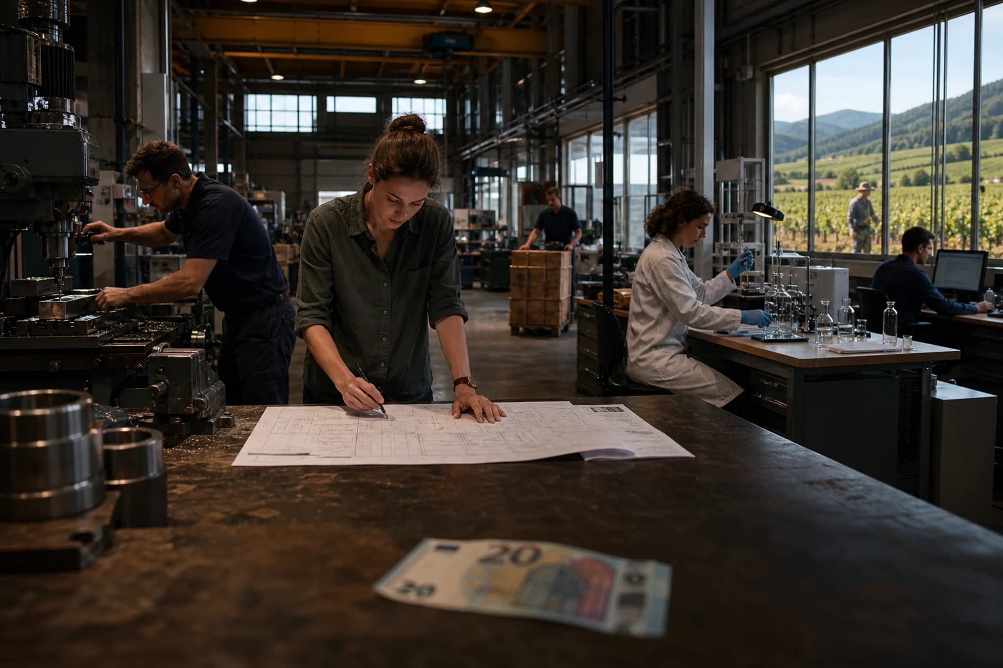 Industrial workshop merging into a research laboratory, with people at work in sharp focus and a soft euro banknote in the foreground