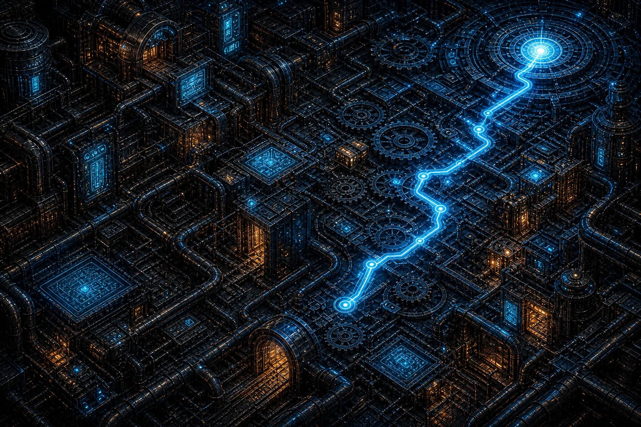 Dense mechanical landscape of gears and pipes crossed by a glowing cyan path toward a bright circular node