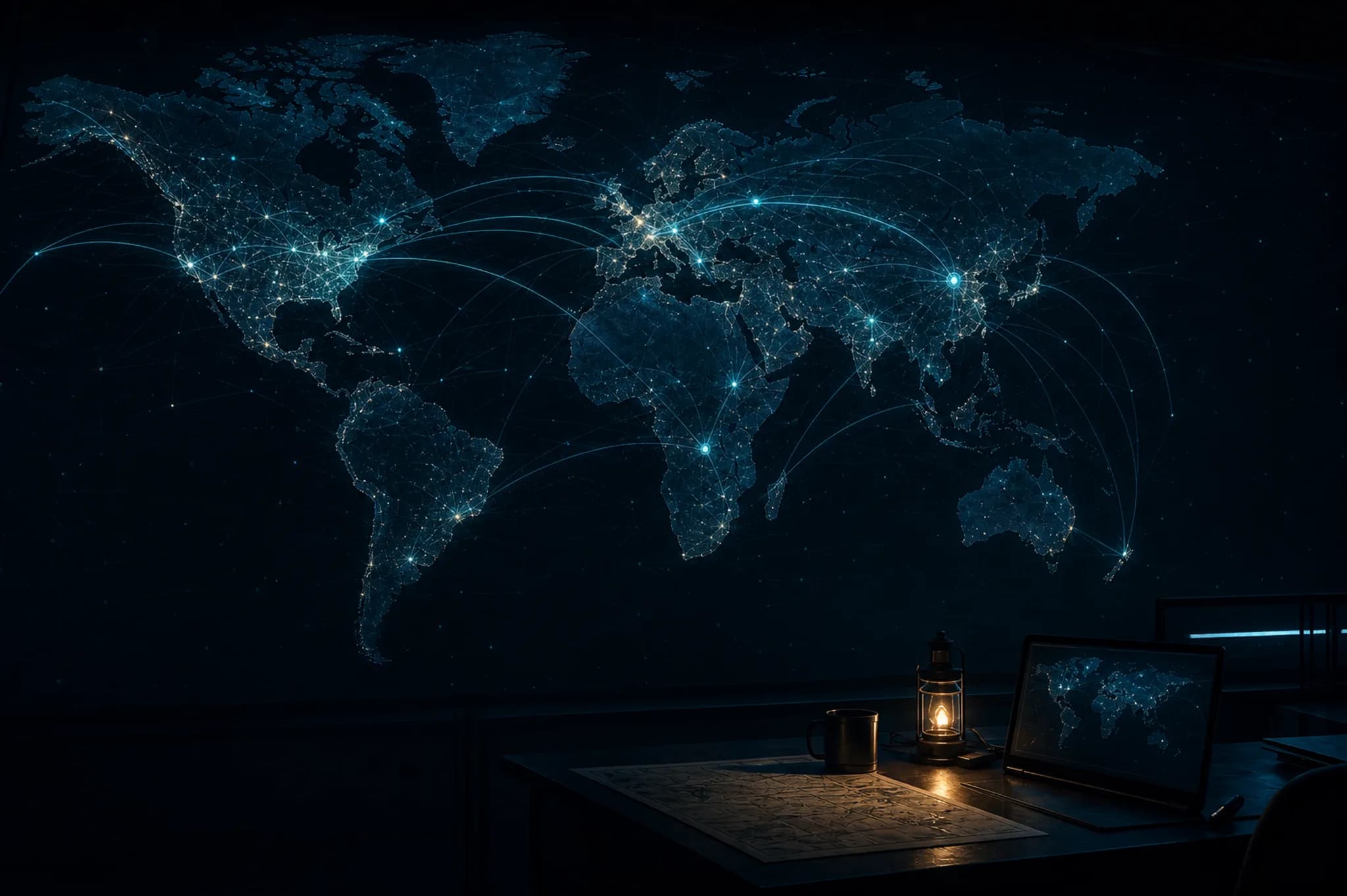 Dark operations desk with a warm lantern before a glowing world map of response nodes and logistics arcs