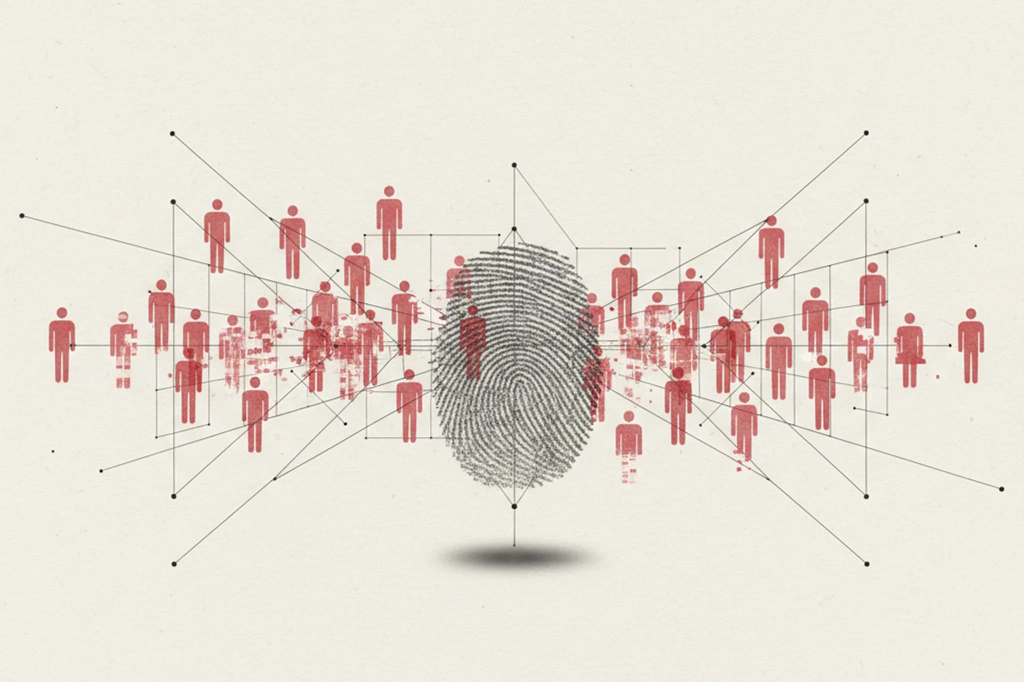 A single human silhouette at the centre of many near-identical synthetic identities dissolving into a precise digital grid, graphite on off-white paper with one restrained signal-red accent.