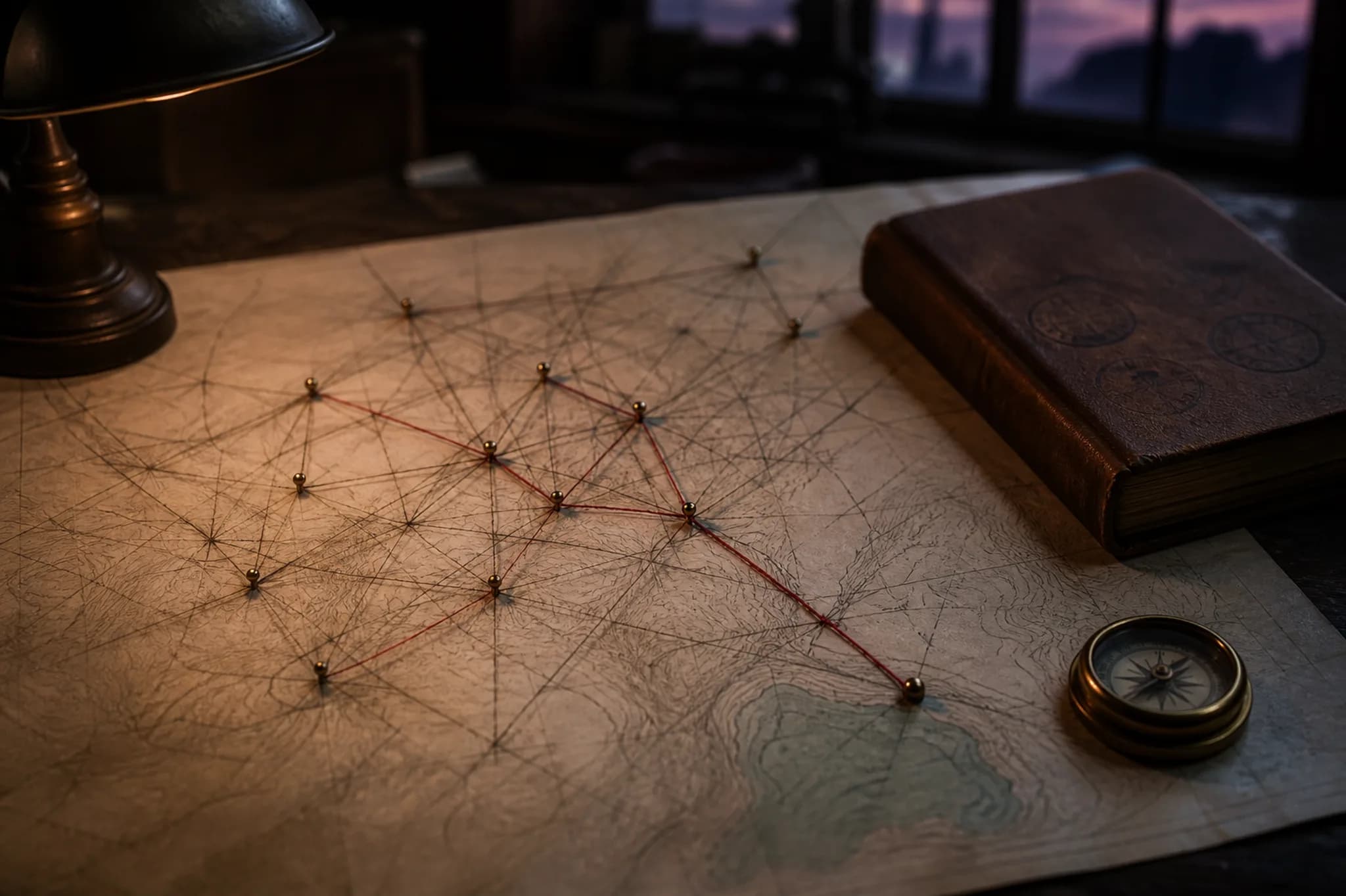 Dusk planning desk with a branching supply-corridor map reduced to one path, brass pins and red thread converging, closed ledger and compass under warm lamp light