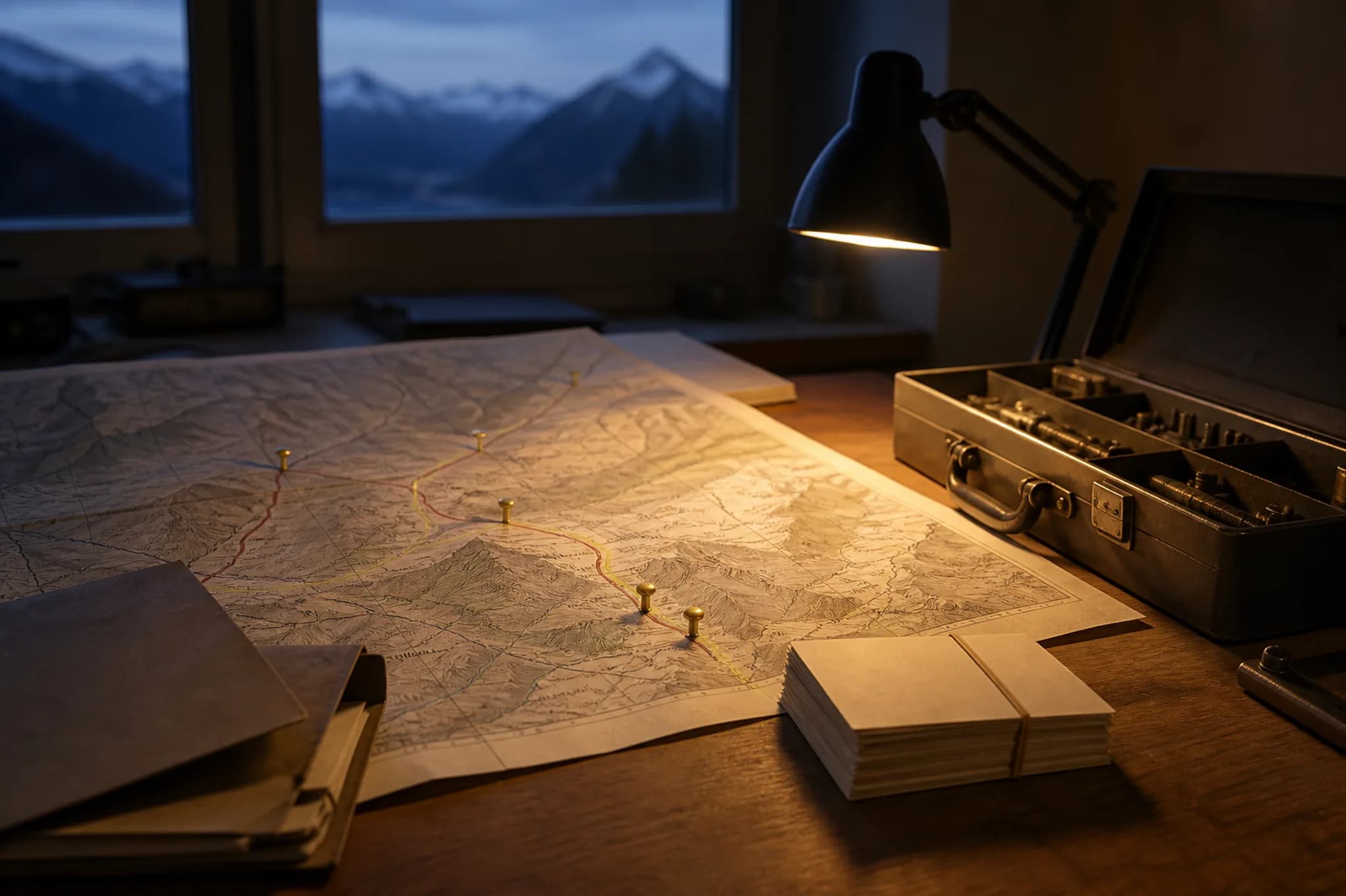 Sovereignty planning desk with a topographic supply-corridor map, brass pins on selective routes, stockpile ledger cards and a second-supplier dossier under warm lamp light
