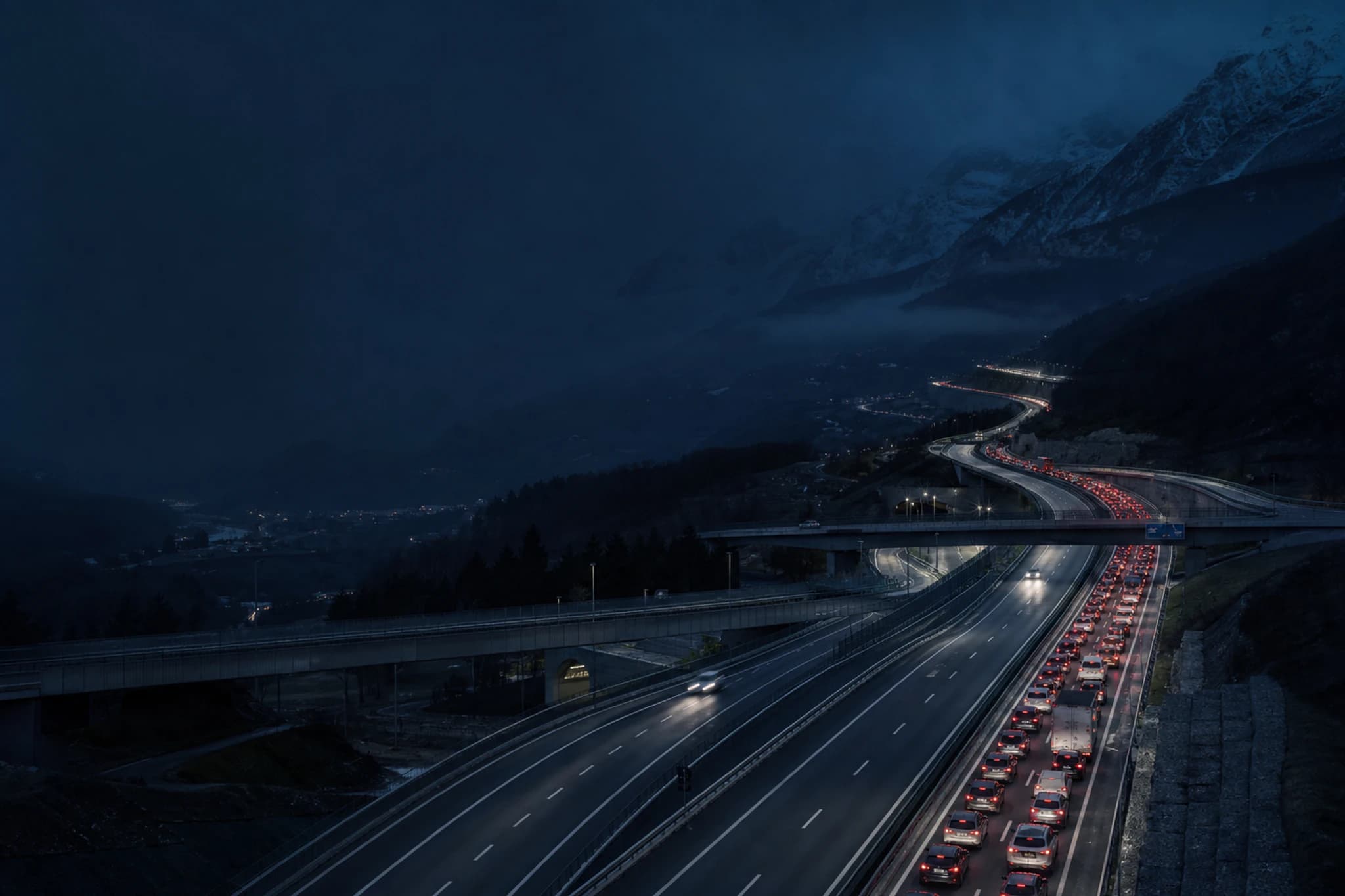 Swiss motorway at blue hour with one carriageway congested in red taillights and the opposite flowing freely