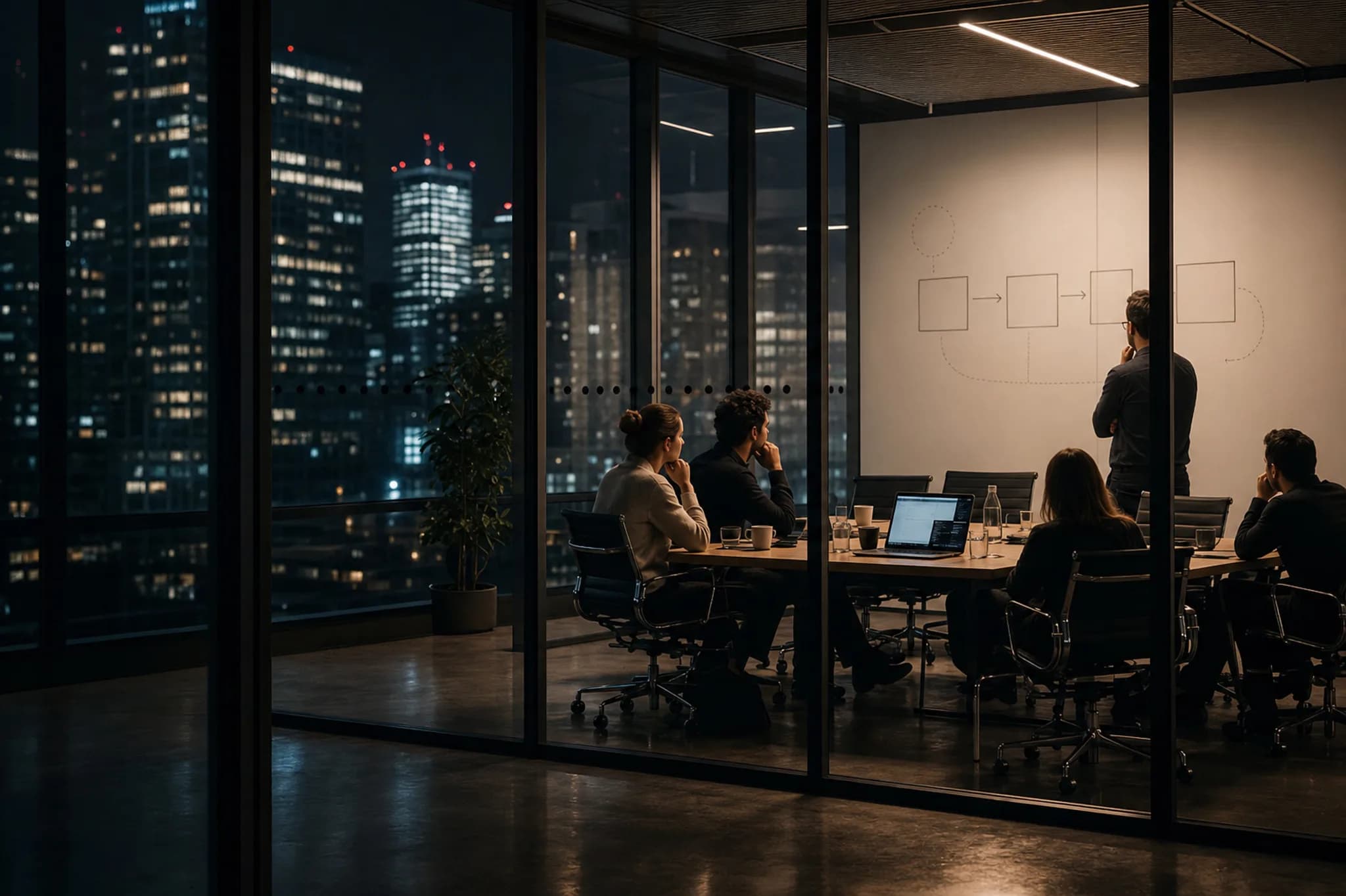Night office meeting around a conference table beside a whiteboard of abstract process boxes