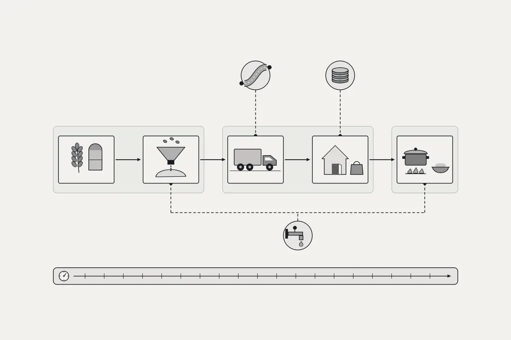 Un schéma qui suit la nourriture depuis la production et les stocks, par la transformation et le transport, jusqu’à l’accès des ménages, la préparation et la nutrition, avec une continuité nécessaire tout du long.