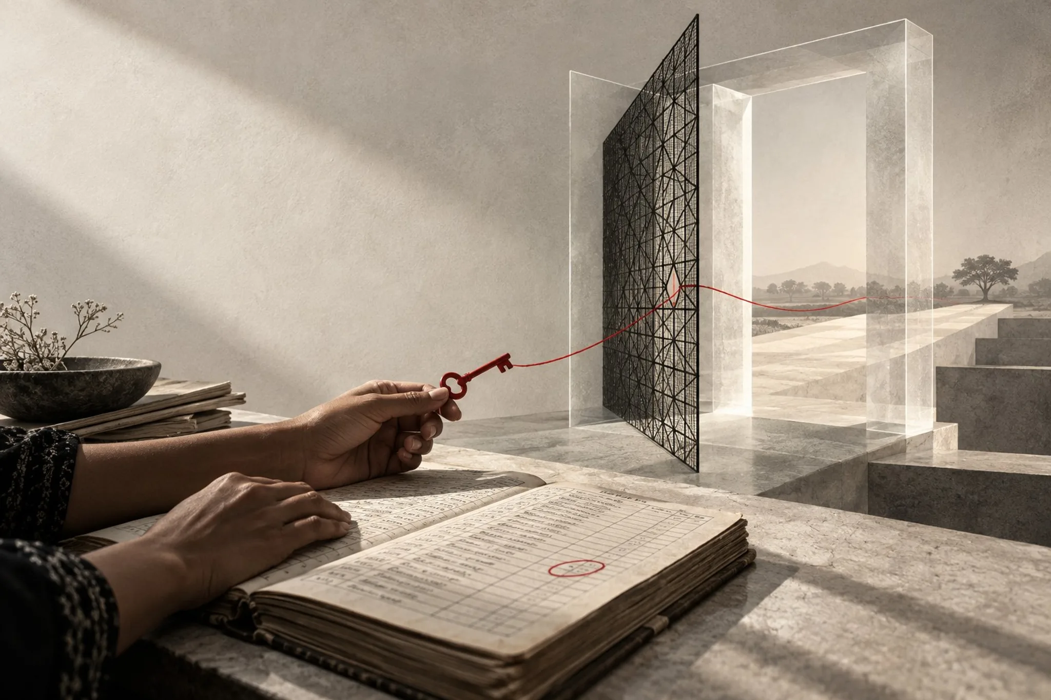 AI-generated conceptual illustration. Brown hands rest on an open ledger and hold a small red key; a red thread runs from the key through a dark lattice screen beside a glass doorway that looks open onto a dry landscape. The ledger’s columns are illegible pseudo-handwriting, with one entry circled in red. Not a real audit scene.