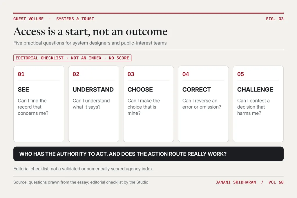 Five numbered cards: See, Understand, Choose, Correct, Challenge, each with a short question. Below: “Who has the authority to act, and does the action route really work?” Labelled as an editorial checklist, not a measured index.