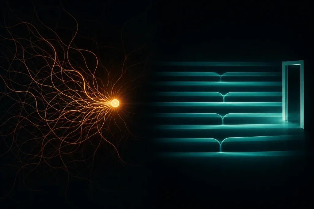 Zwei Topologien: verworrene Fäden, die in einem Knoten zusammenlaufen, versus parallele Bahnen zu einer klaren Tür
