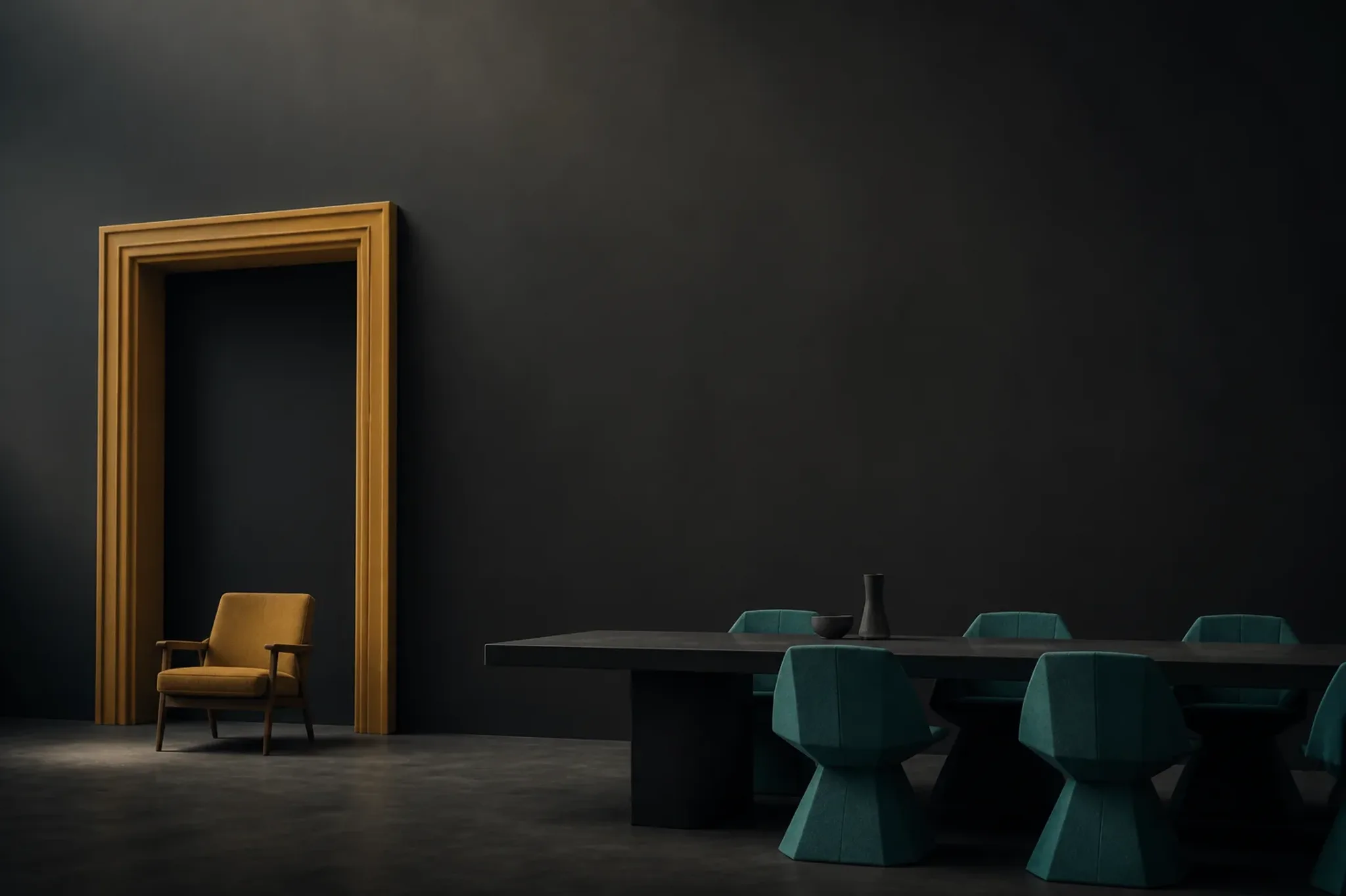 Abstract studio still life: clustered seats around a table, one chair apart at a framed doorway; warm paper and graphite, no text.