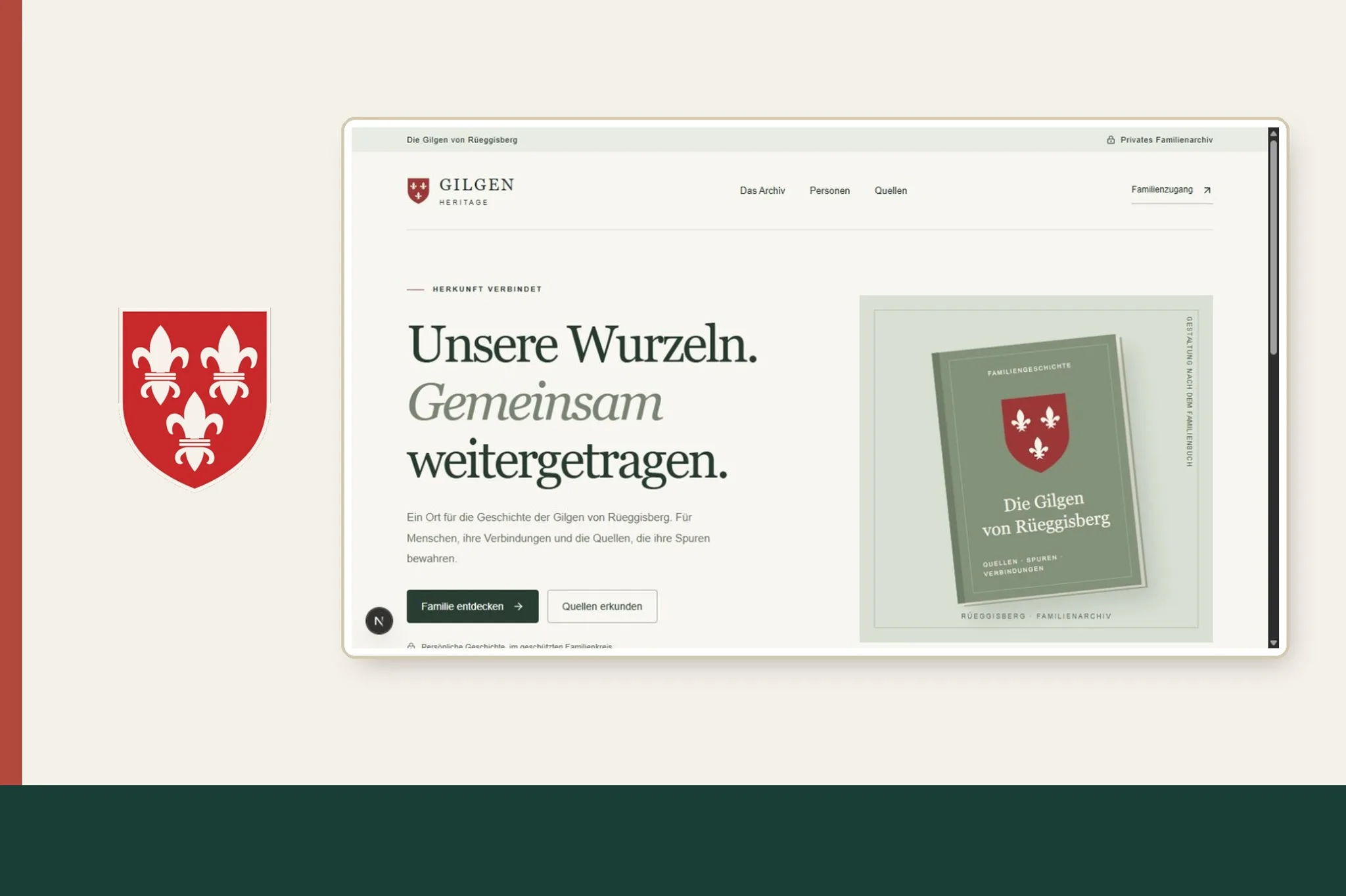 The Gilgen family crest, three white lilies on red, beside a framed screenshot of the family archive's first landing page with a drawing of the green family book.