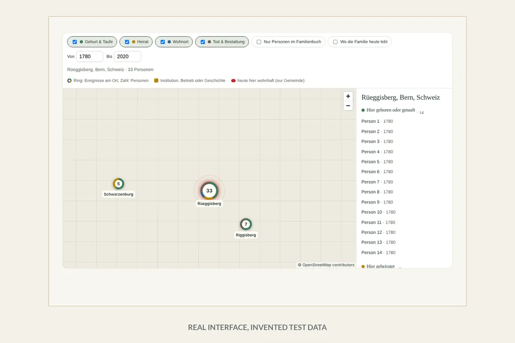 Screenshot of the place map with clusters at Rüeggisberg, Schwarzenburg and Riggisberg and a list of placeholder people.