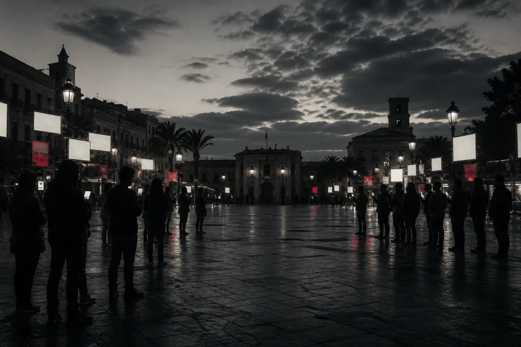 Deux groupes de silhouettes sur la même place, incertains, parmi des fragments de lumière médiatique.