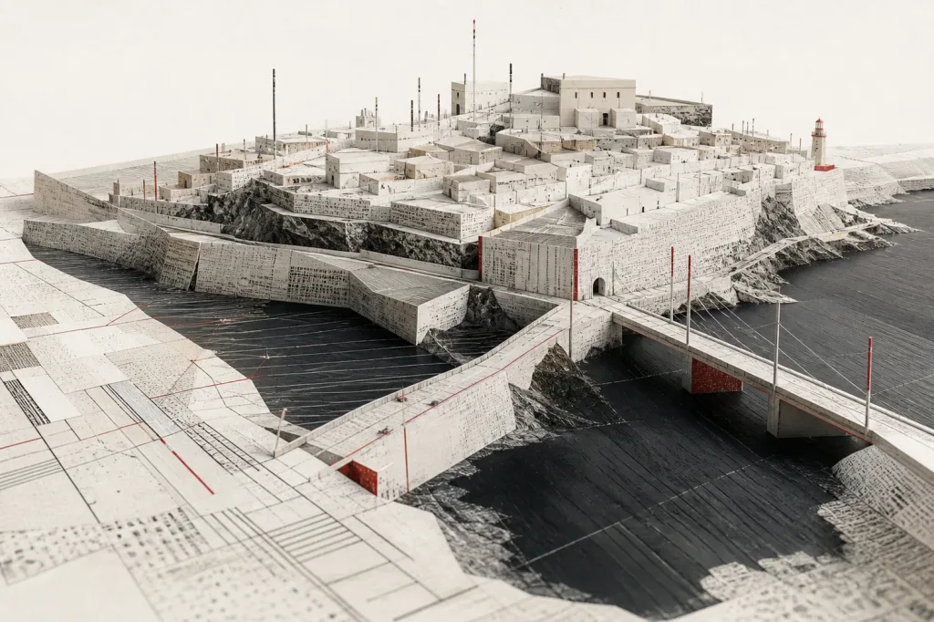 Maquette de papier d’une ville côtière : murs et ponts faits d’une texture typographique illisible.