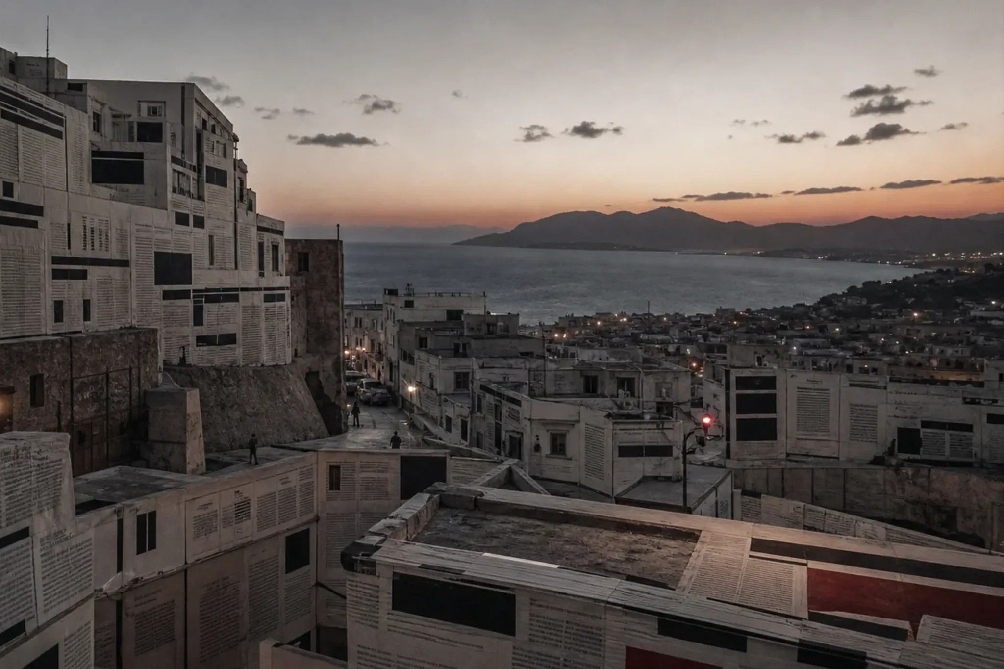 Ceuta at dusk, buildings merging with layered newspaper pages toward the Mediterranean. Small indistinct figures. No readable type.