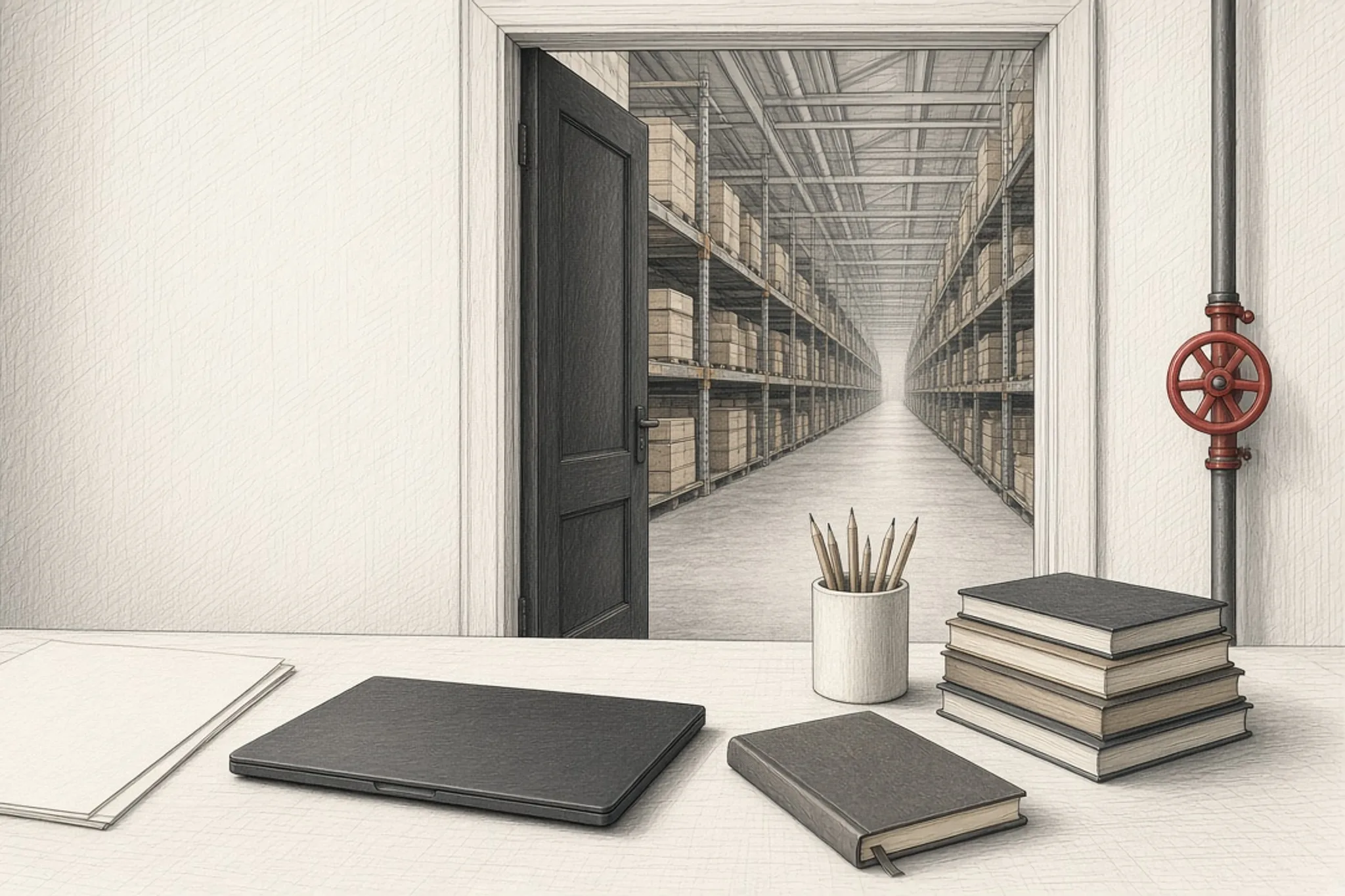 A quiet desk with paper, books and a closed laptop opens through a doorway onto a long warehouse aisle of stacked crates; one signal-red valve sits on a pipe at the threshold.
