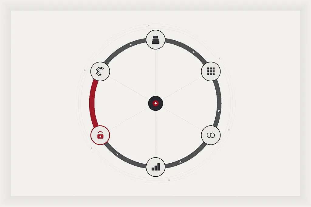 Clockwise compounding flywheel with six stations for resources, compute, capability, advantage, retained gains, and reinvestment; signal red on the retained-gains lock and the arc into reinvestment — no text.
