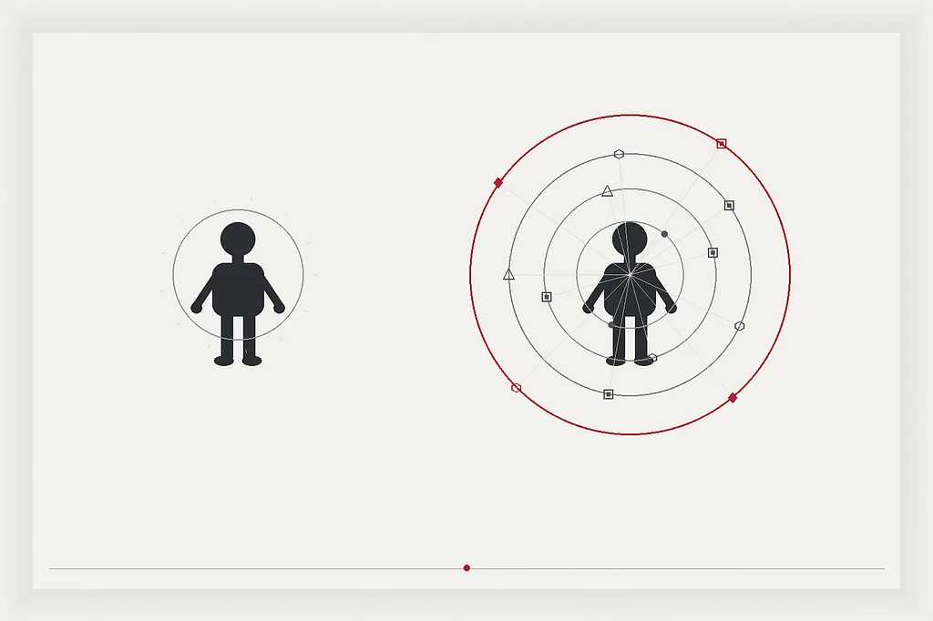 Two identical human silhouettes: one inside a thin agency circle, the other at the centre of concentric system rings with geometric nodes and a signal-red outer ring — no crowns, cyborgs, or text.