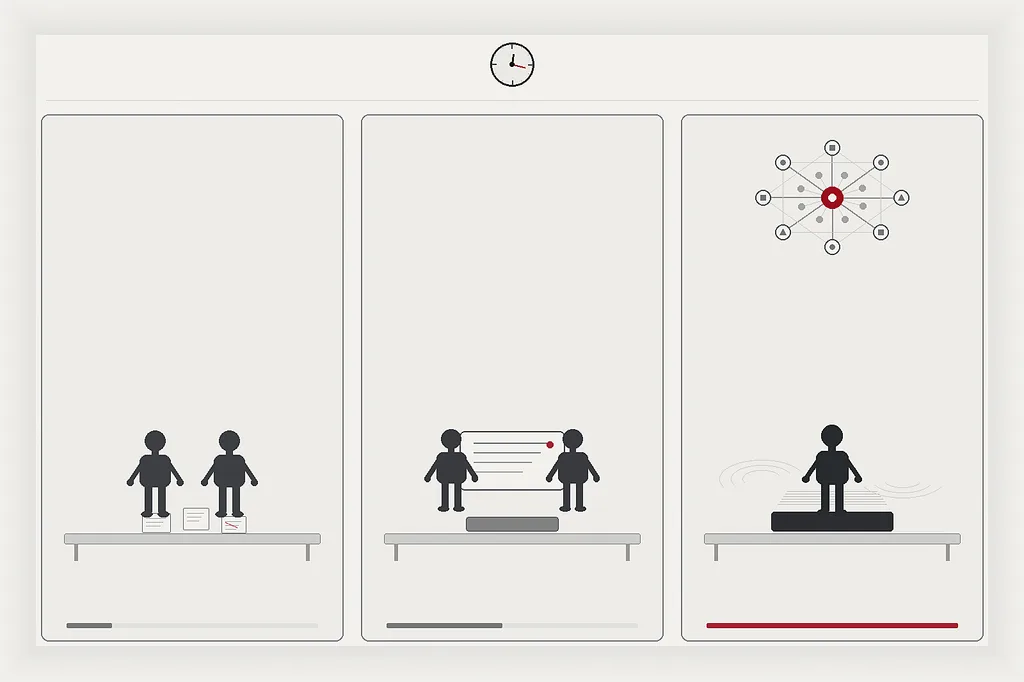 Editorial diagram of three workshop panels under one shared clock: sparse manual table work, modest assisted output, and a single orchestrator with a radial multi-node workflow hub in signal red — no text or logos.