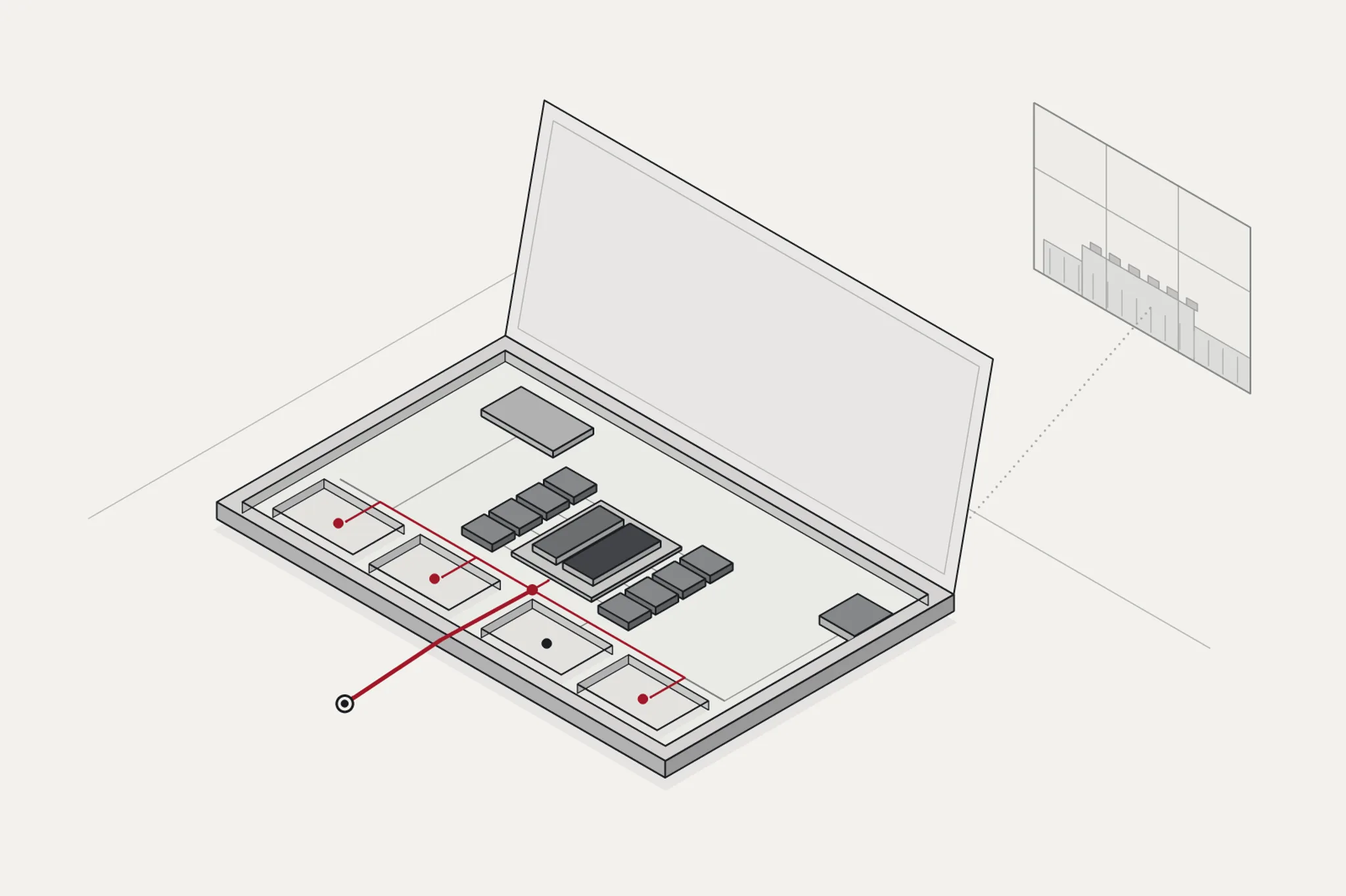 A laptop on a quiet desk becomes a miniature local compute environment while a distant data centre recedes into the background.