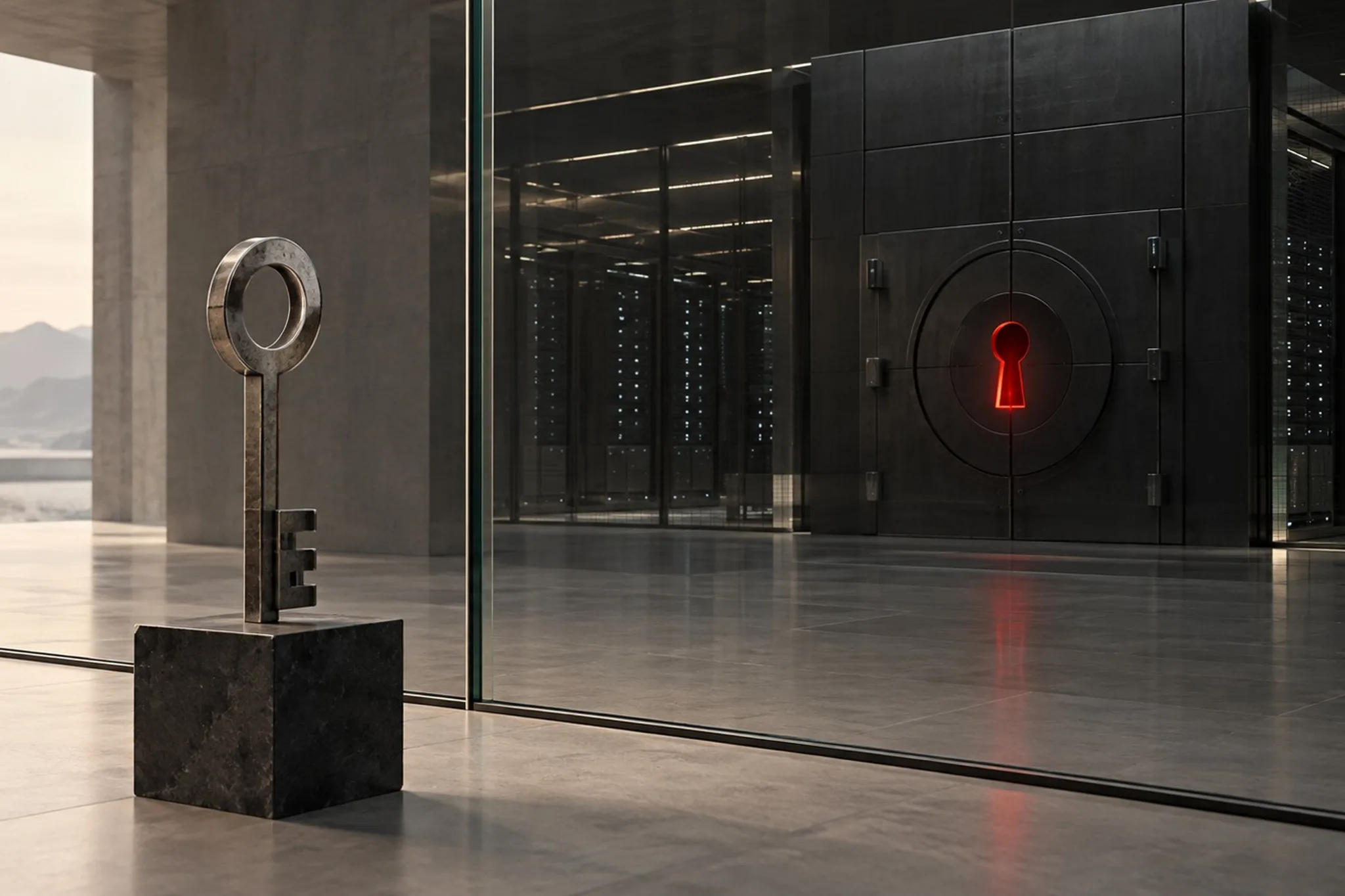 Conceptual illustration: a large metal key stands on a stone plinth in front of a glass wall. Behind the glass are server racks and a dark vault door with a glowing red keyhole.