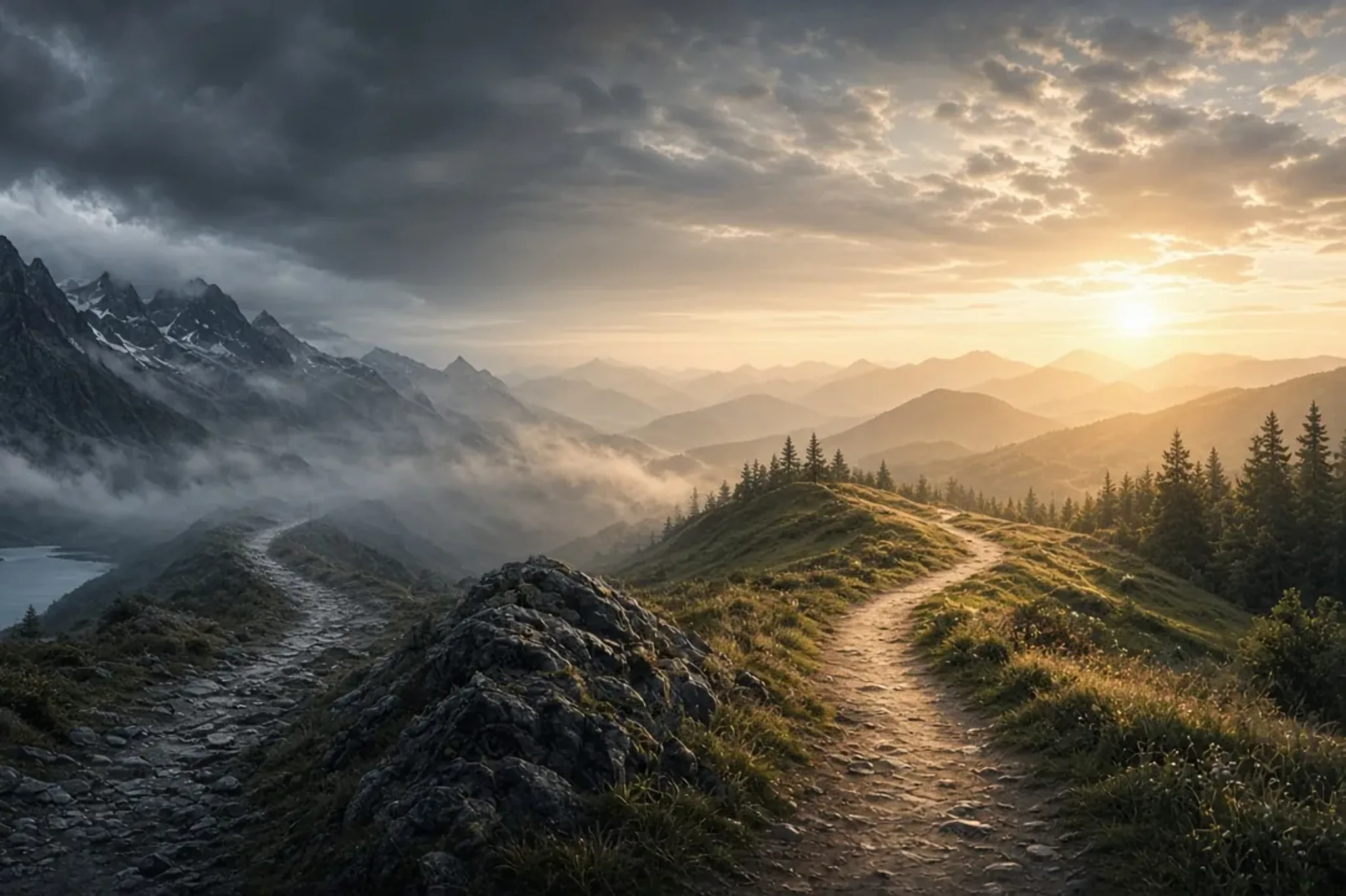 A path dividing between storm and light — judgement as a choice before code acts