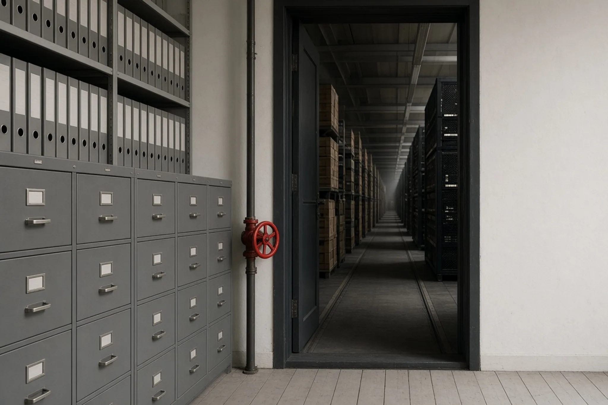A quiet European archive of identical filing cabinets and binders opens through a doorway onto a long warehouse aisle of stacked crates and server racks; one signal-red valve sits on a pipe at the threshold.