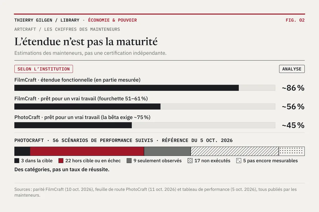 Estimations des mainteneurs : étendue fonctionnelle de FilmCraft environ 86 %, préparation de FilmCraft à un vrai travail environ 56 %, préparation de PhotoCraft environ 45 %. En dessous, les 56 scénarios de performance suivis de PhotoCraft : 3 dans la cible, 22 hors cible ou en échec, 9 seulement observés, 17 non exécutés, 5 pas encore mesurables.