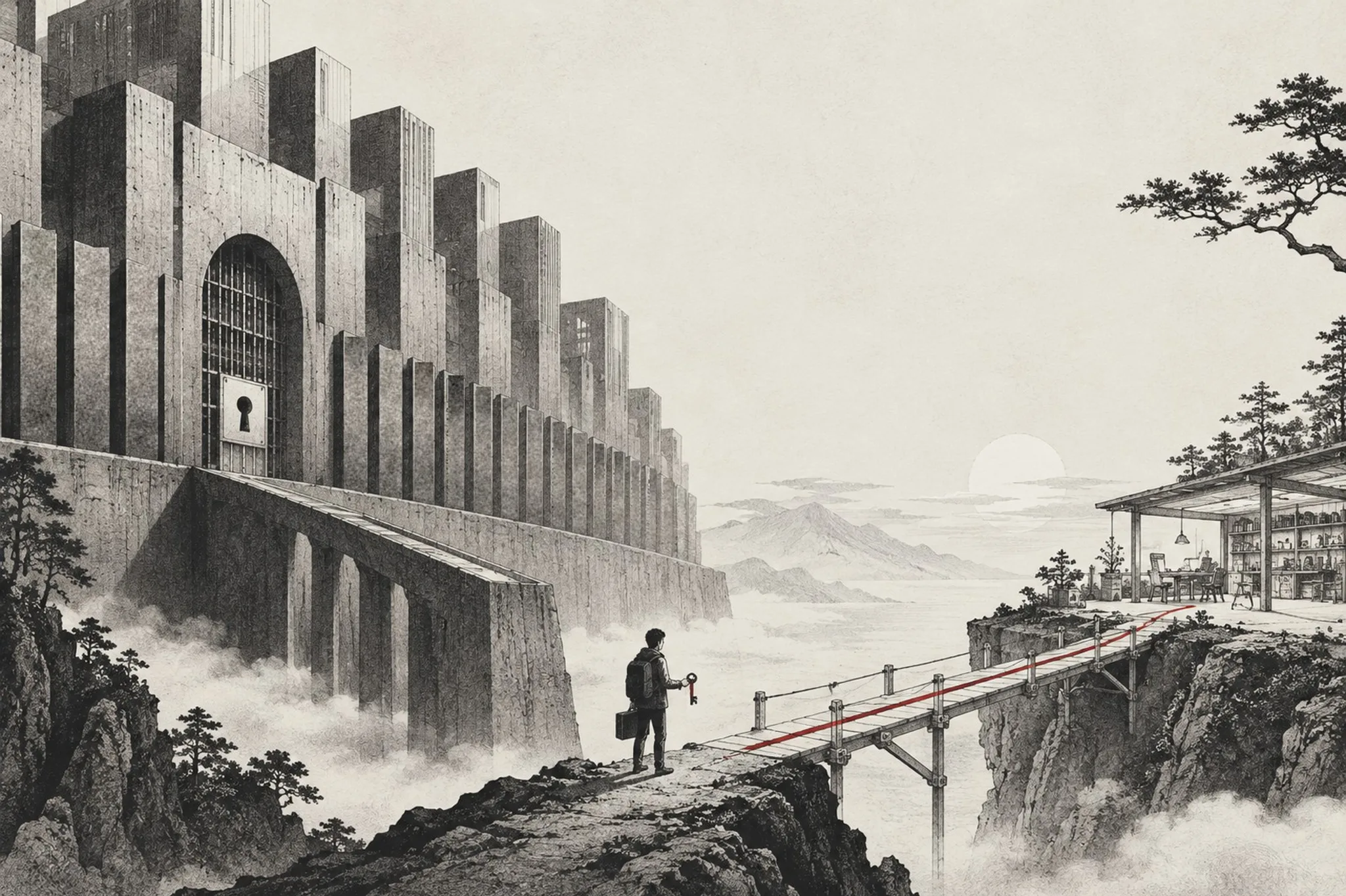 AI-generated monochrome drawing: a person holding a red key stands between a fortress-like tollgate with a keyhole gate and plain wall panels, and an open workshop on the far cliff, reached by a slender bridge with a red rail.