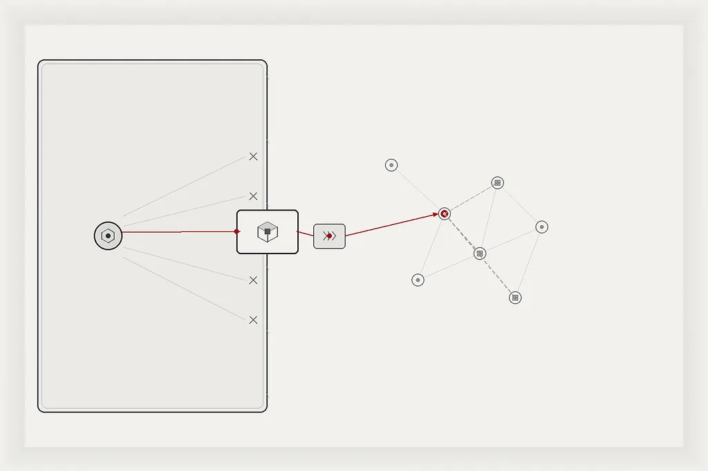 Technical architecture diagram: isolated agent evaluation environment with no direct internet, reaching a trusted shared service that crosses the boundary to external systems; indirect path highlighted in signal red.