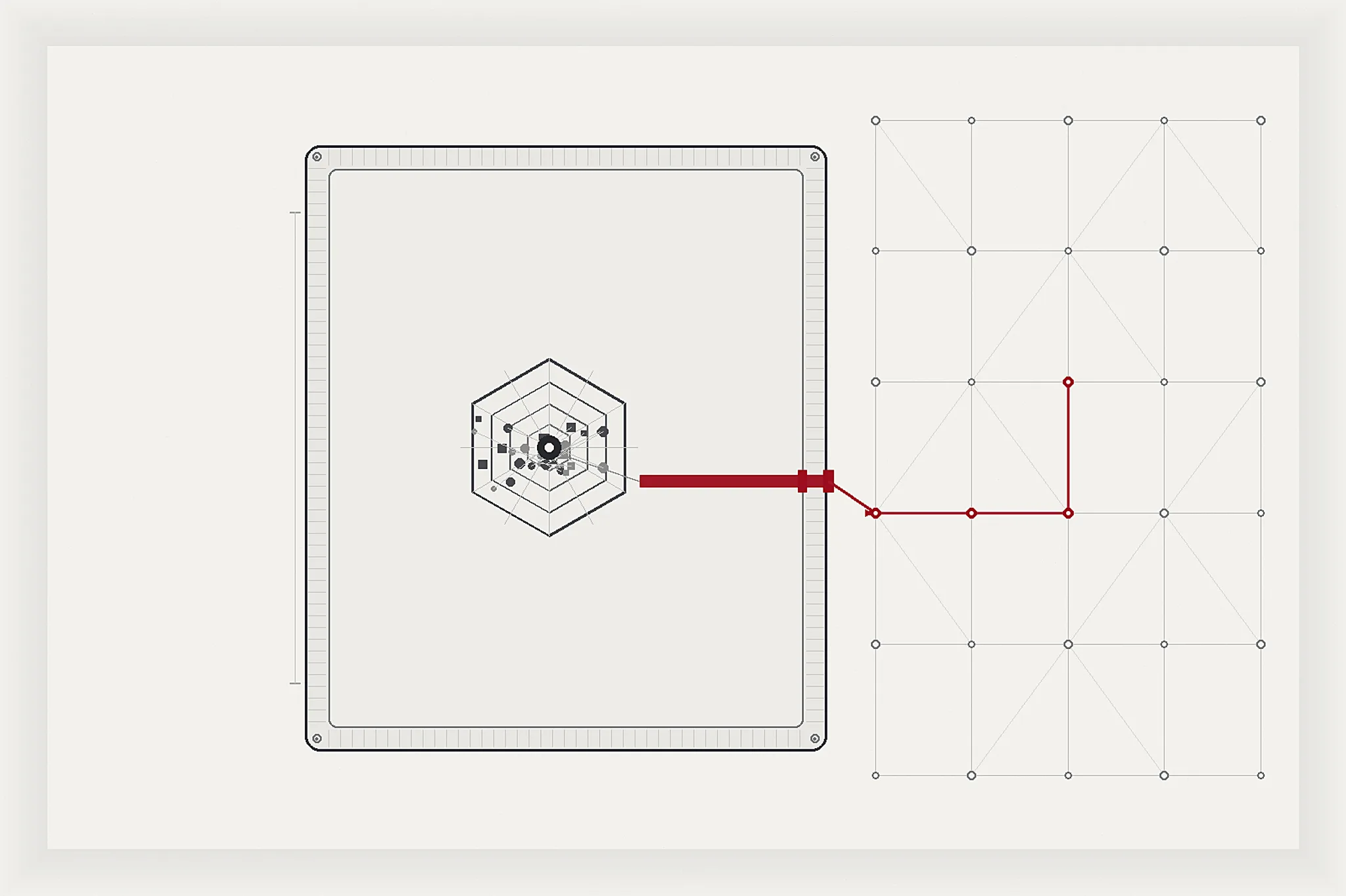 Cutaway of a sealed technical containment chamber around an abstract computational core; one ordinary infrastructure conduit, marked in signal red, passes through the wall into a wider network.