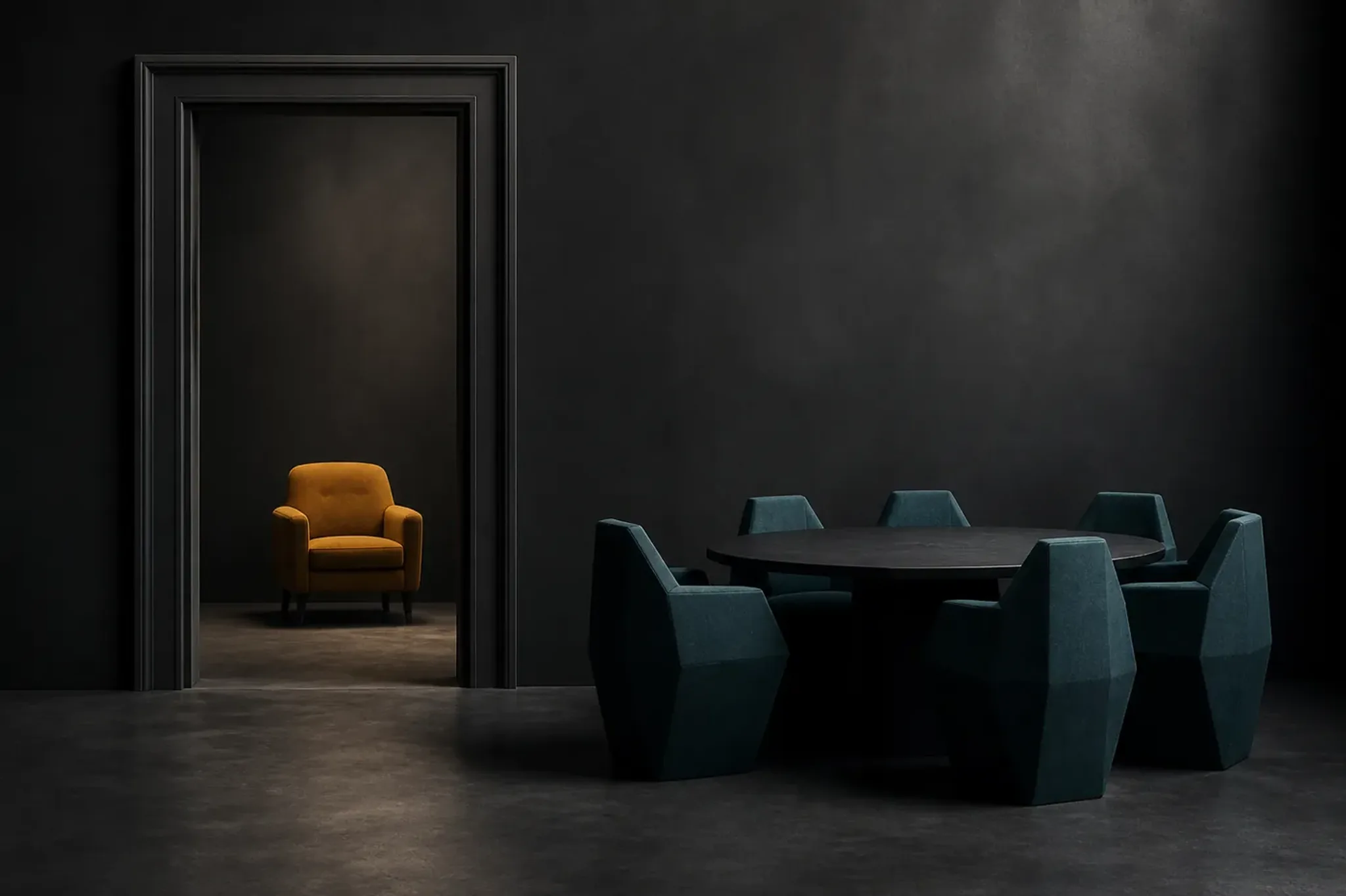 Abstract seating plan: mustard chair through a doorway, teal chairs at a dark table — no readable text.