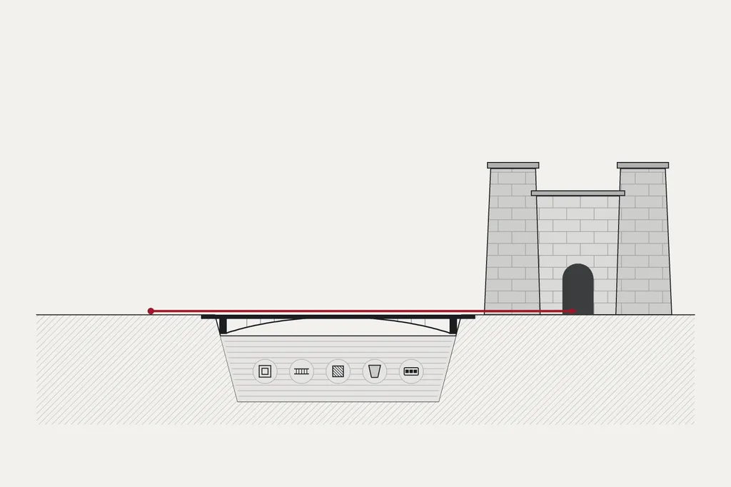 In an architectural section, a massive, intact stone fortress stands behind a wide moat. Five small pictograms sit in the water. A slim new bridge on a shallow arch now spans the moat, and a single red path runs across it to the fortress gate.
